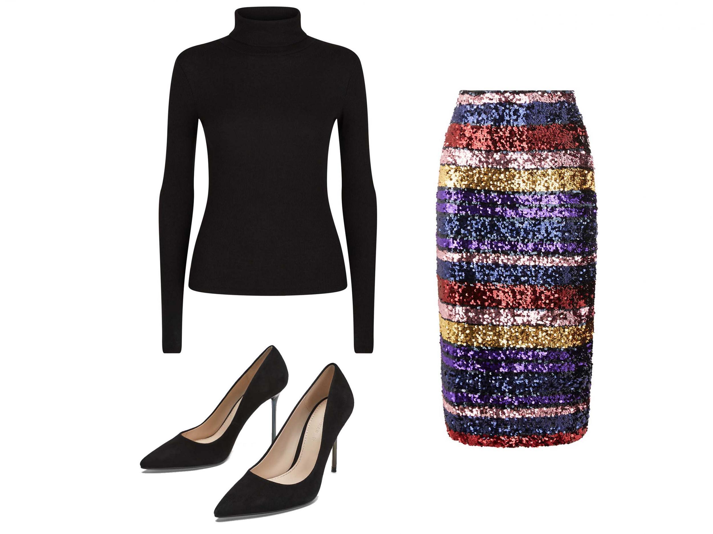 Black Ribbed Roll Neck Top, £8.99, New Look; Rainbow Sequin Tube Skirt, £25, Oasis; Leather Court Shoes with Metallic Heel Detail, £49.99, Zara