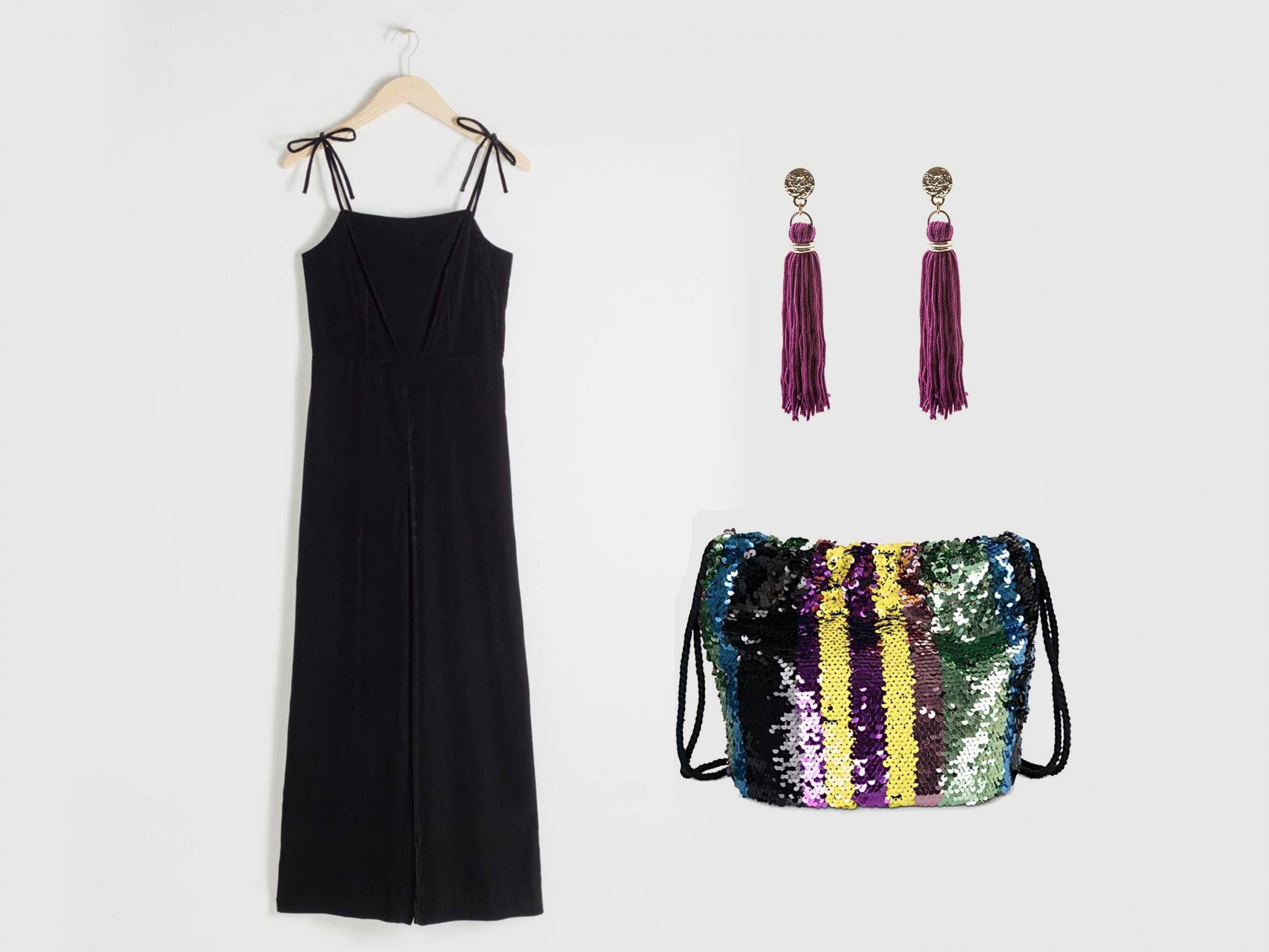 Square Neck Velvet Jumpsuit, £79, &amp; Other Stories; Rainbow Lines Sequin Cross Body Bucket Bag, £29.50, Oliver Bonas; Elegant Tassel Drop Earrings, £5, Oasis