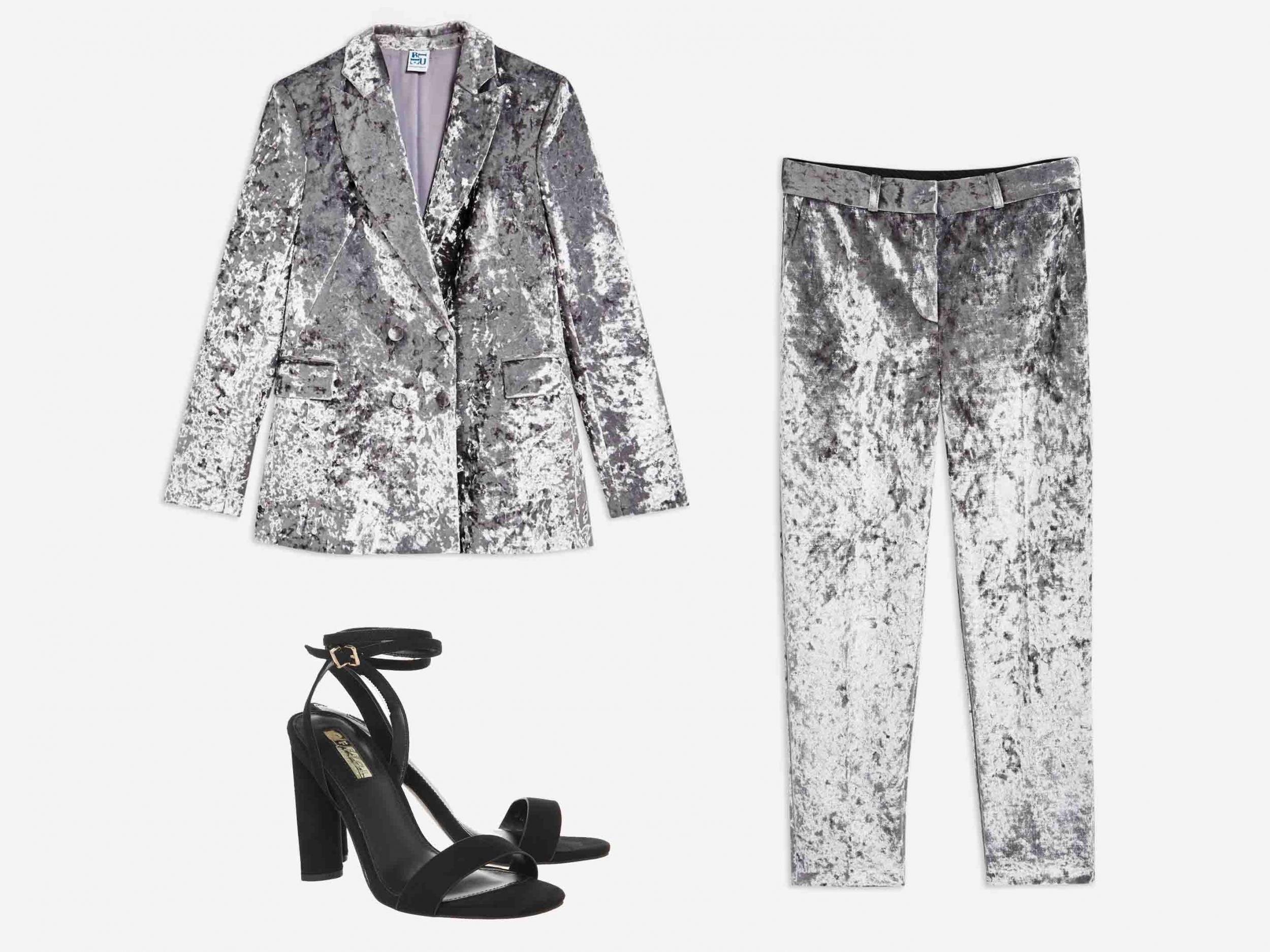 Bonded Velvet Suit, £55, Topshop; Harlan Two Part Block Heels, £26, Office