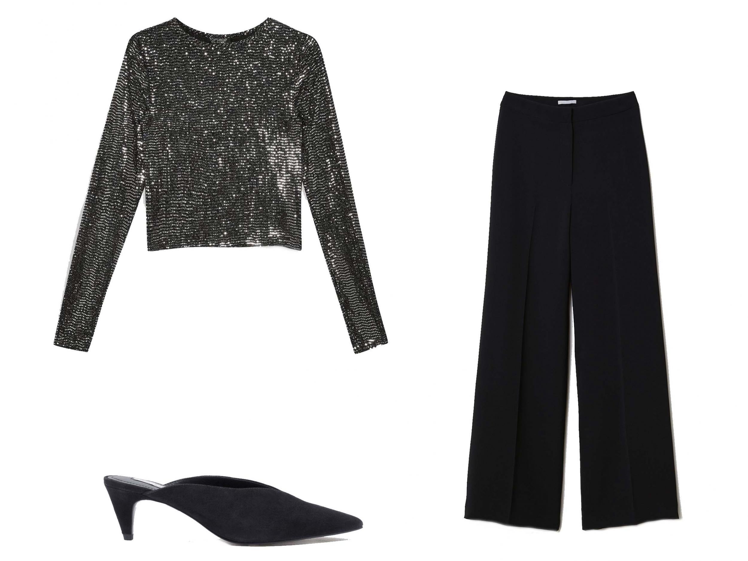 Sequin Metallic Thread T-Shirt, £15, Topshop; Wide Trousers, £29.99, H&amp;M; Pointed Mule Pumps, £43, &amp; Other Stories