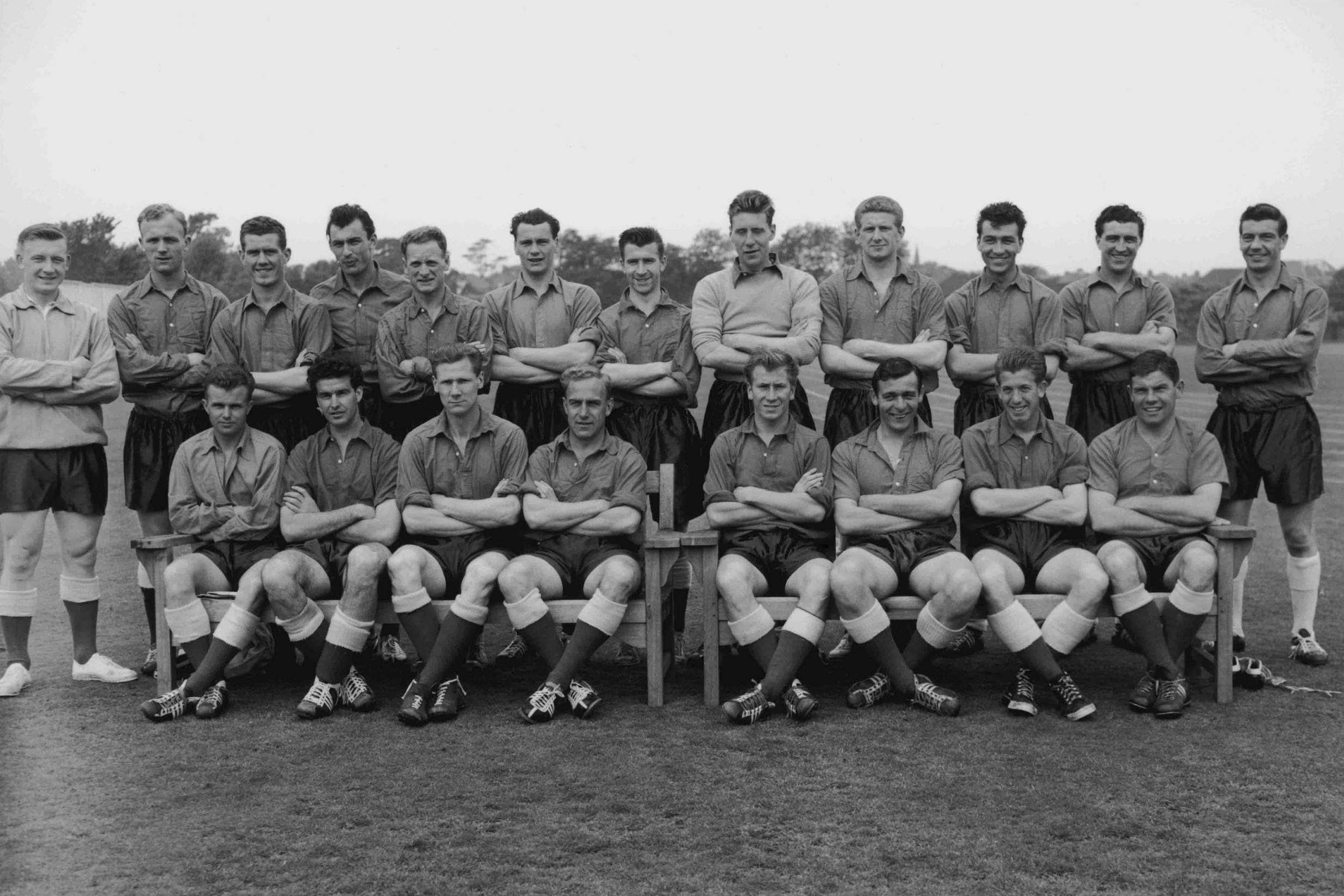 With the England squad in 1958, third from left, front row