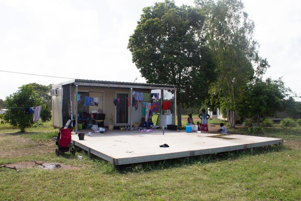 The stage structure at Baniyla Homeland is used as a house due to overcrowding