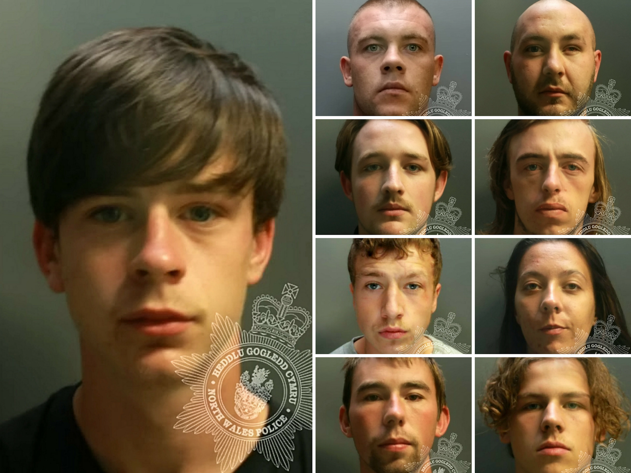 Ten members of a drug dealing gang were arrested and jailed after flooding Wrexham, in North Wales, with heroin and cocaine. Pictured: Left: Rhys Williams, top L-R: Kingpin Tyrone Edwards &amp; Kieron Gracey, second row L-R: Levi Rowlands &amp; Lucas Hopson, third row L-R: Ben Coffin &amp; Jessica Dunmer, bottom row L-R: Alex Williams &amp; Corey Ducket.