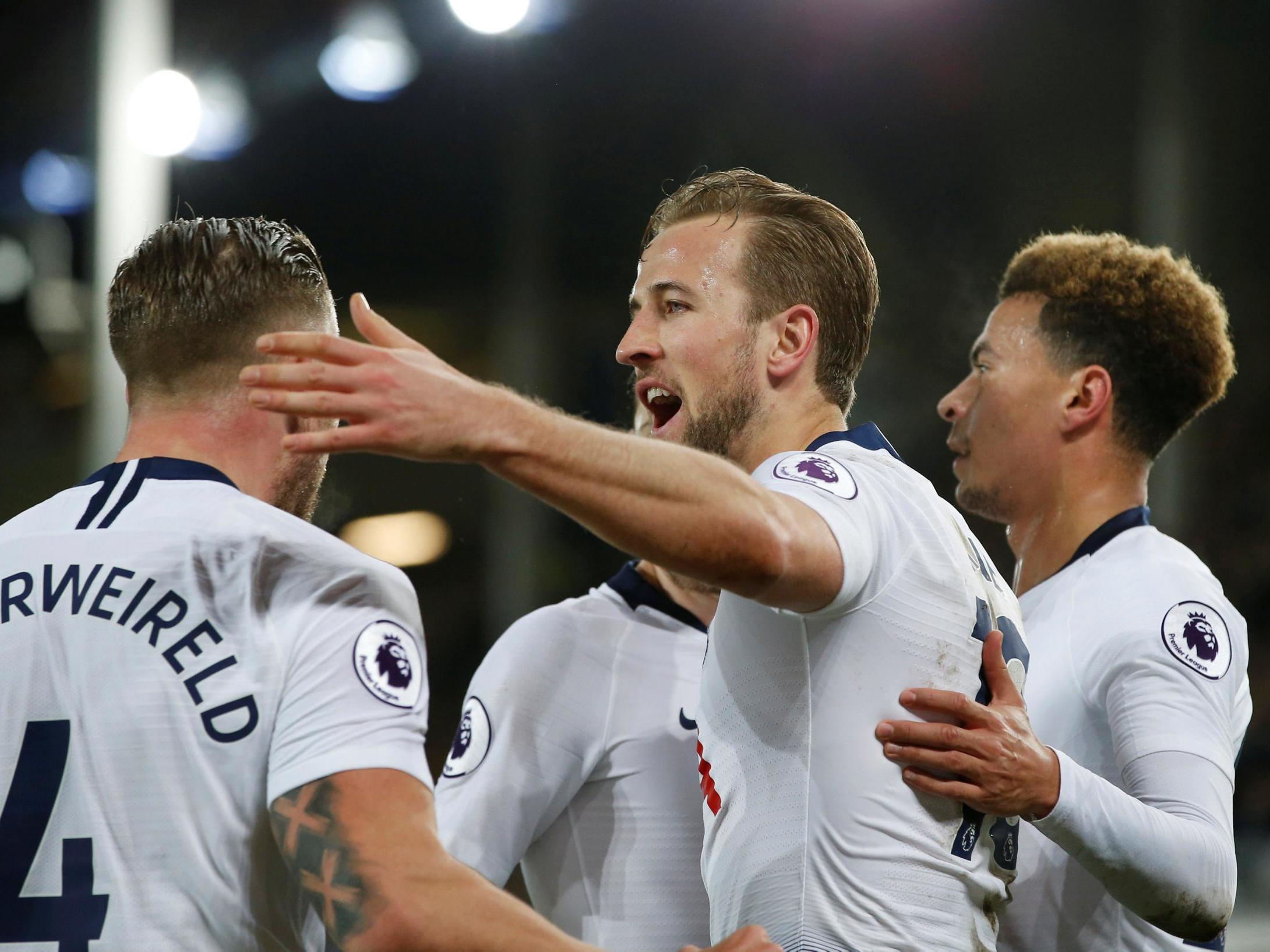 Harry Kane celebrates scoring Tottenham's third against Everton