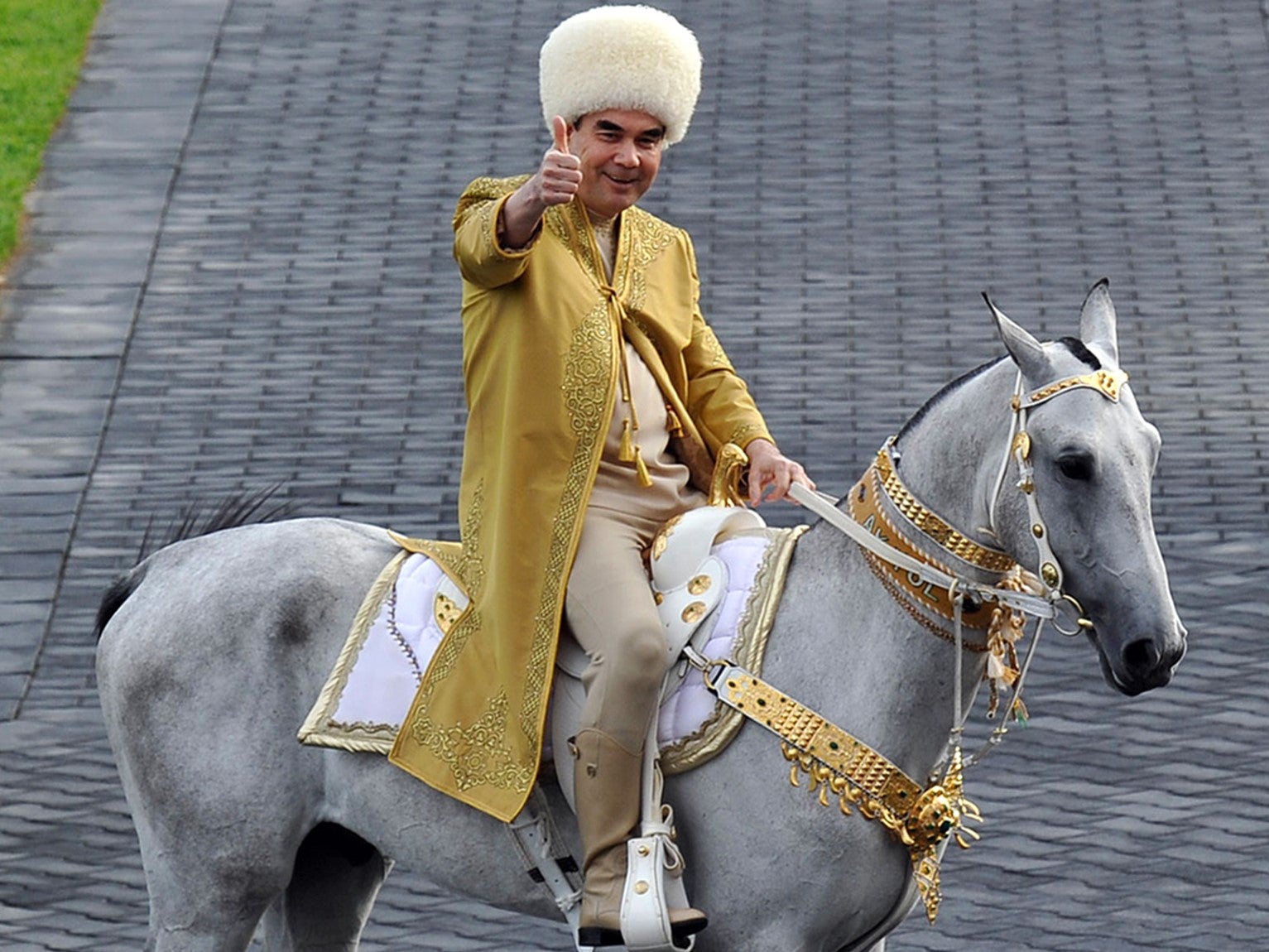 Former president Gurbanguli Berdymukhamedov astride an Akhal-Teke similar to the one gifted by his predecessor to Britain’s PM in the 1990s