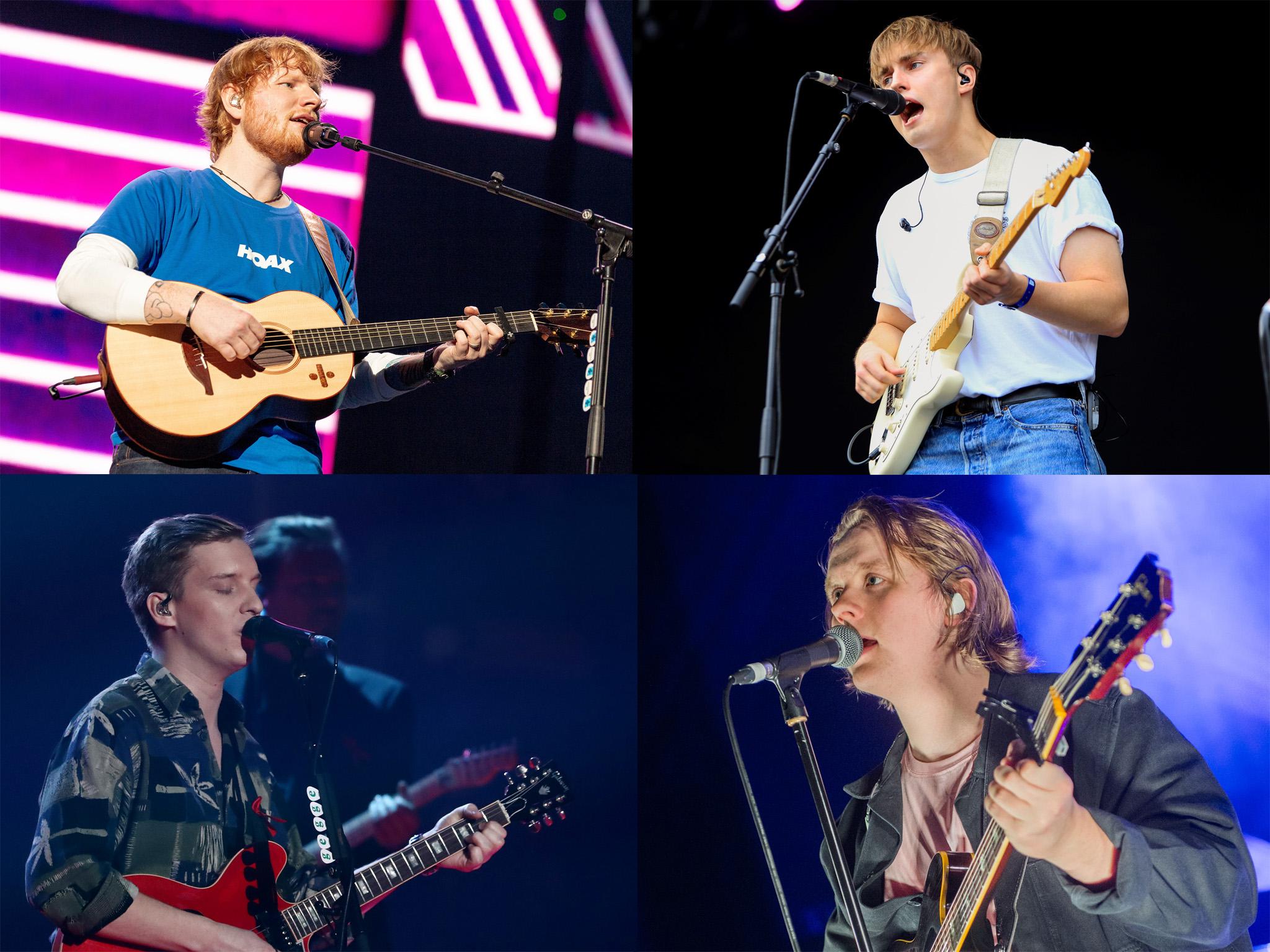 Clockwise from top left: Ed Sheeran, Sam Fender, Lewis Capaldi, George Ezra