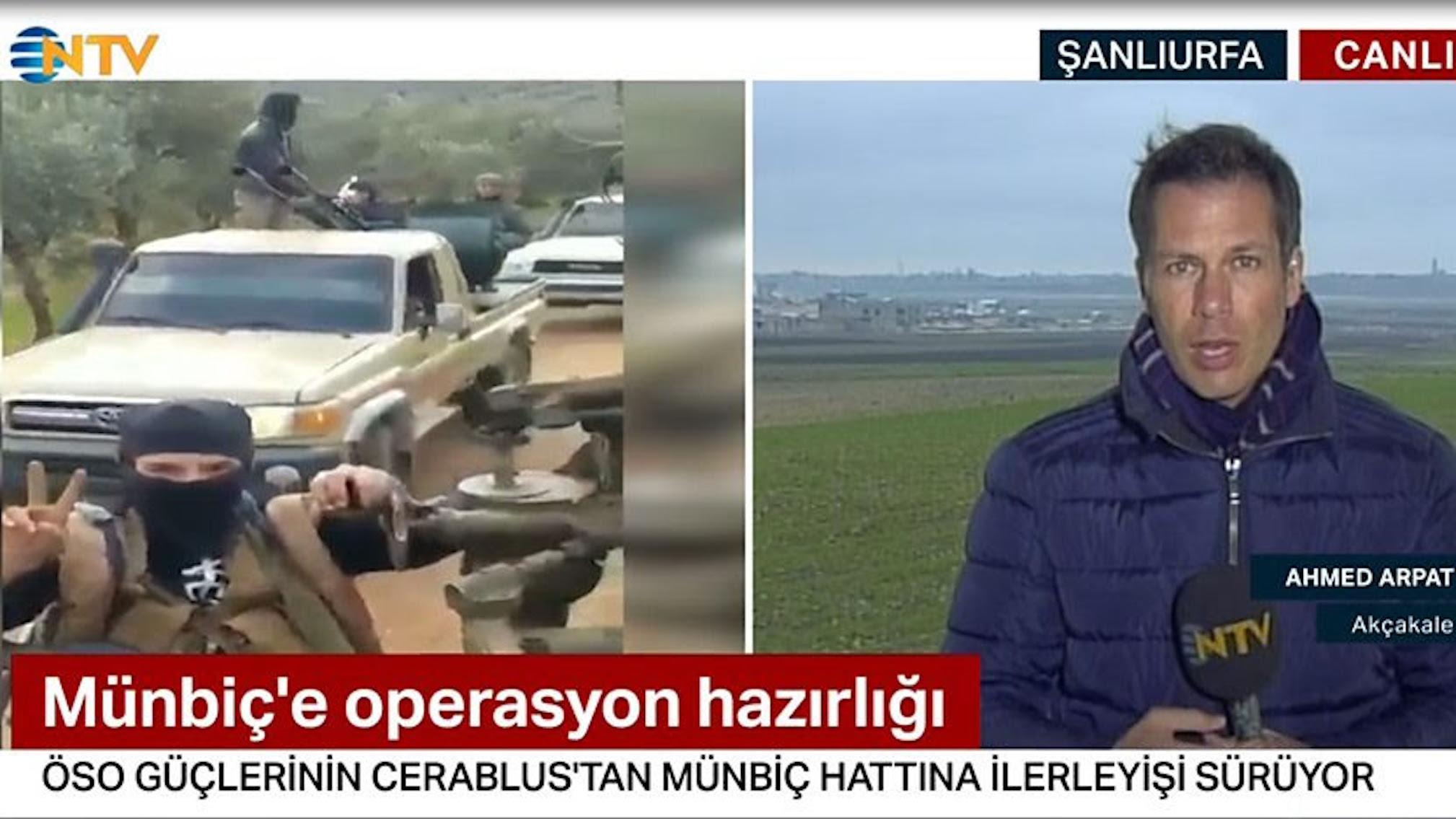 Turkey's NTV television showed footage of Syrian rebel fighters allied with Ankara moving toward Manbij, an area of Syria controlled by US-backed Kurdish-led forces