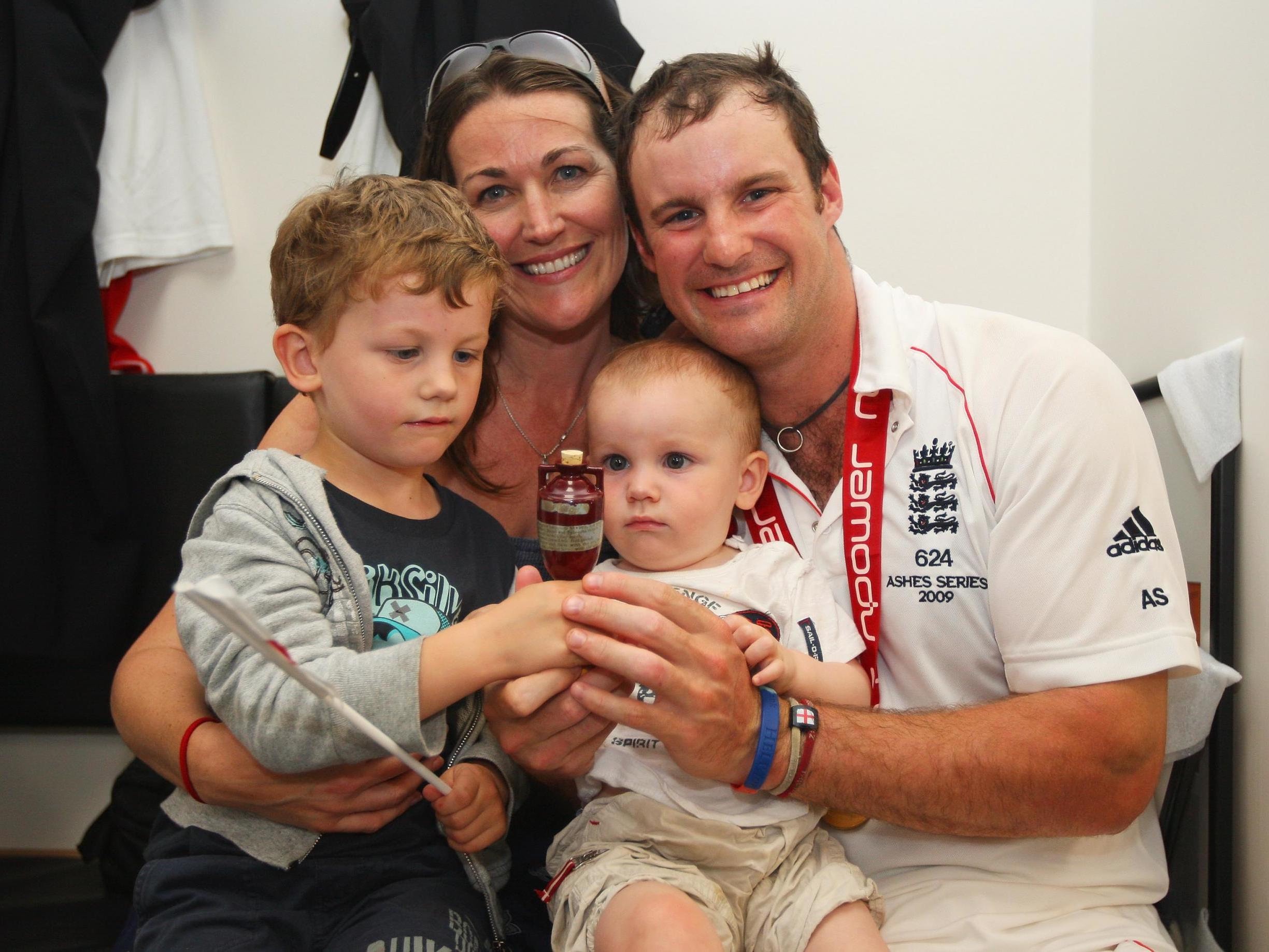 Andrew Strauss of England with wife Ruth and children Samuel and Luca