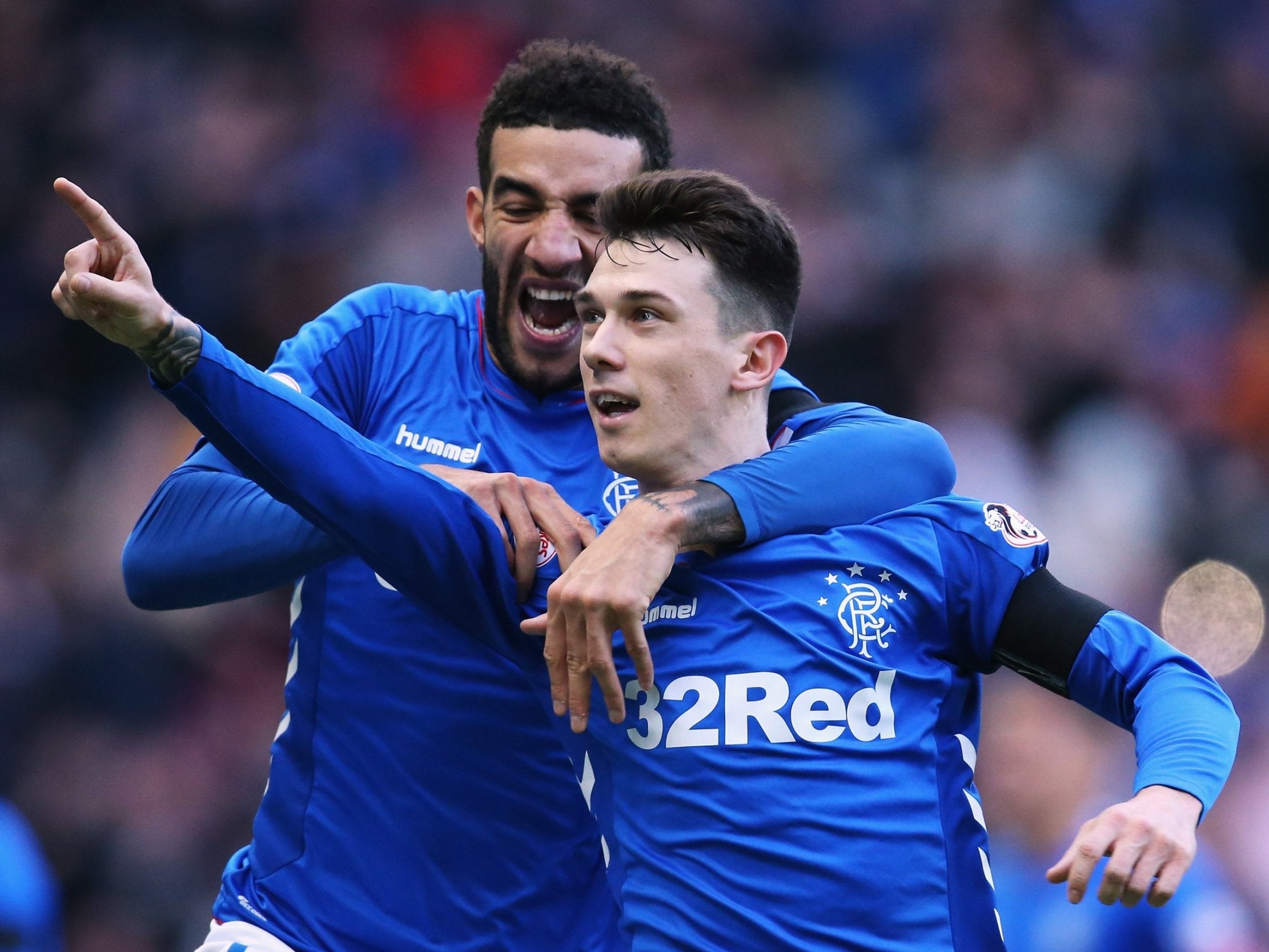 Ryan Jack of Rangers celebrates scoring