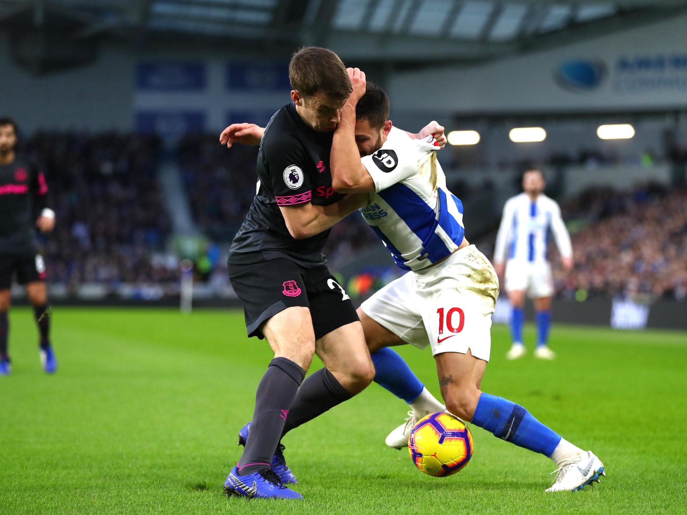 Seamus Coleman and Florin Andone tussle for possession