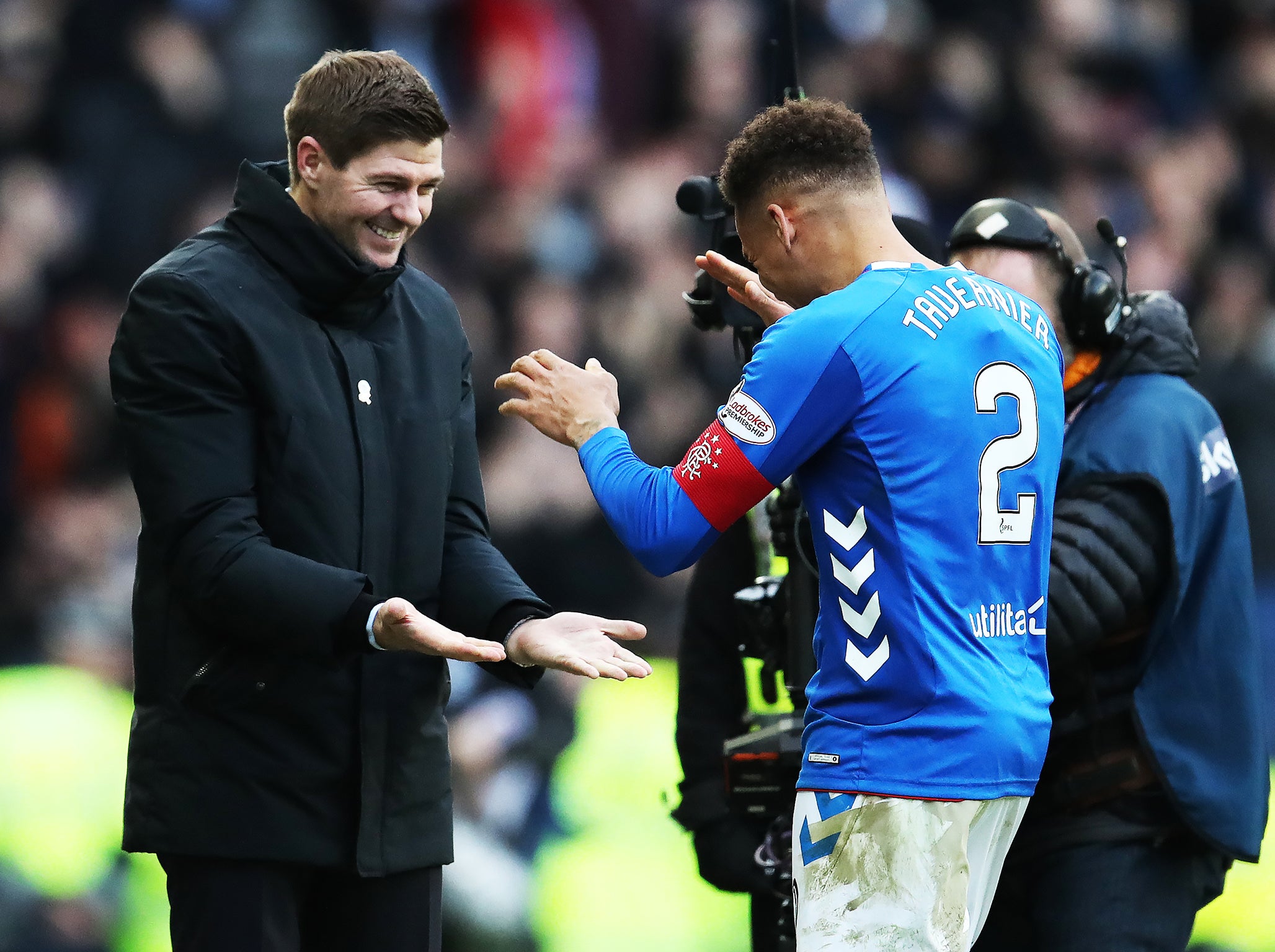 Rangers manager Steven Gerrard celebrates with James Tavernier