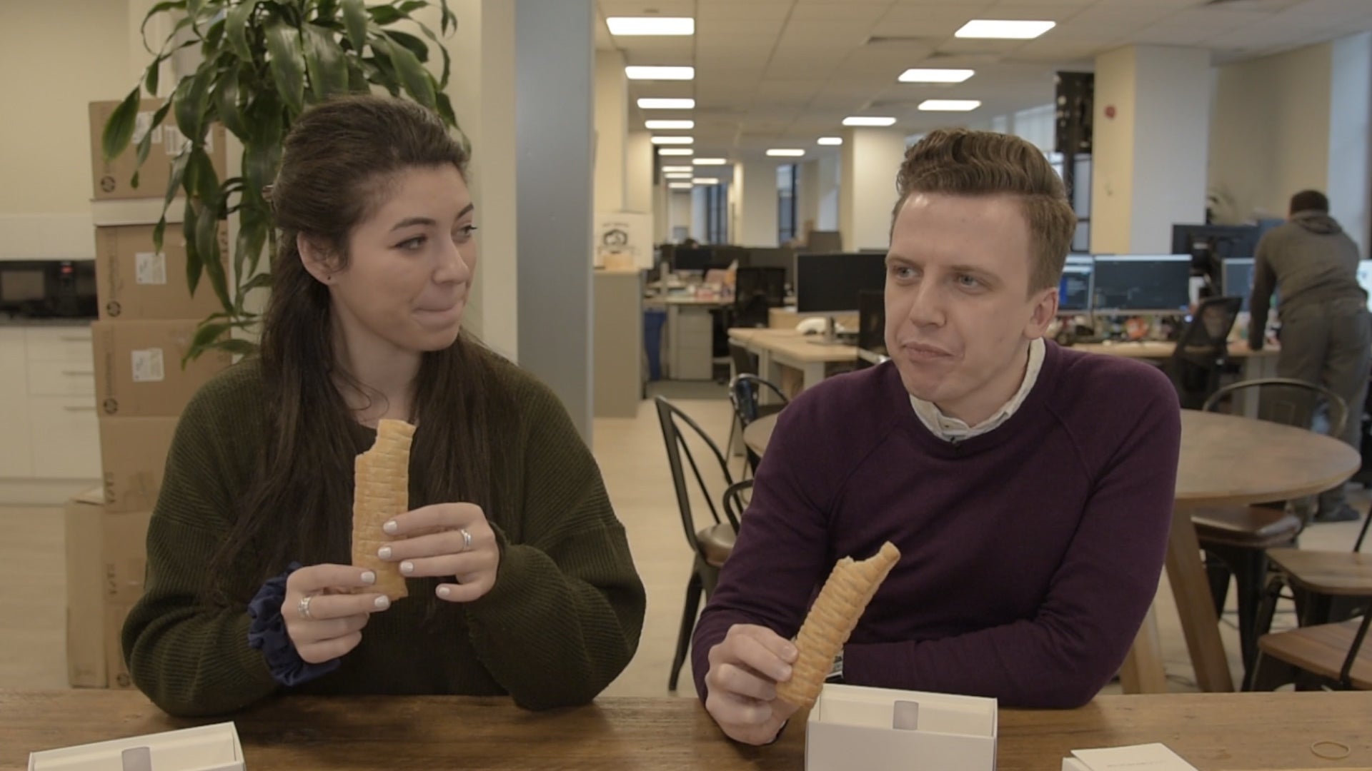 Sabrina Barr and Ben Kelly of The Independent try Greggs’ vegan sausage rolls