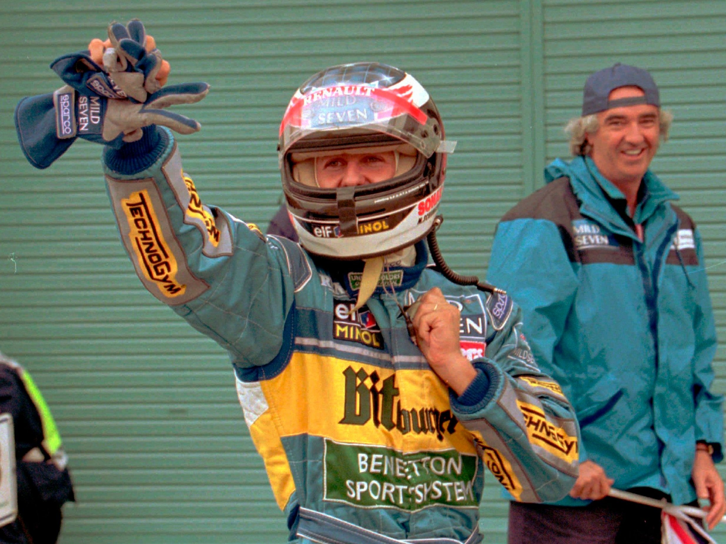 Michael Schumacher celebrates his victory in Japan for Benetton in 1995