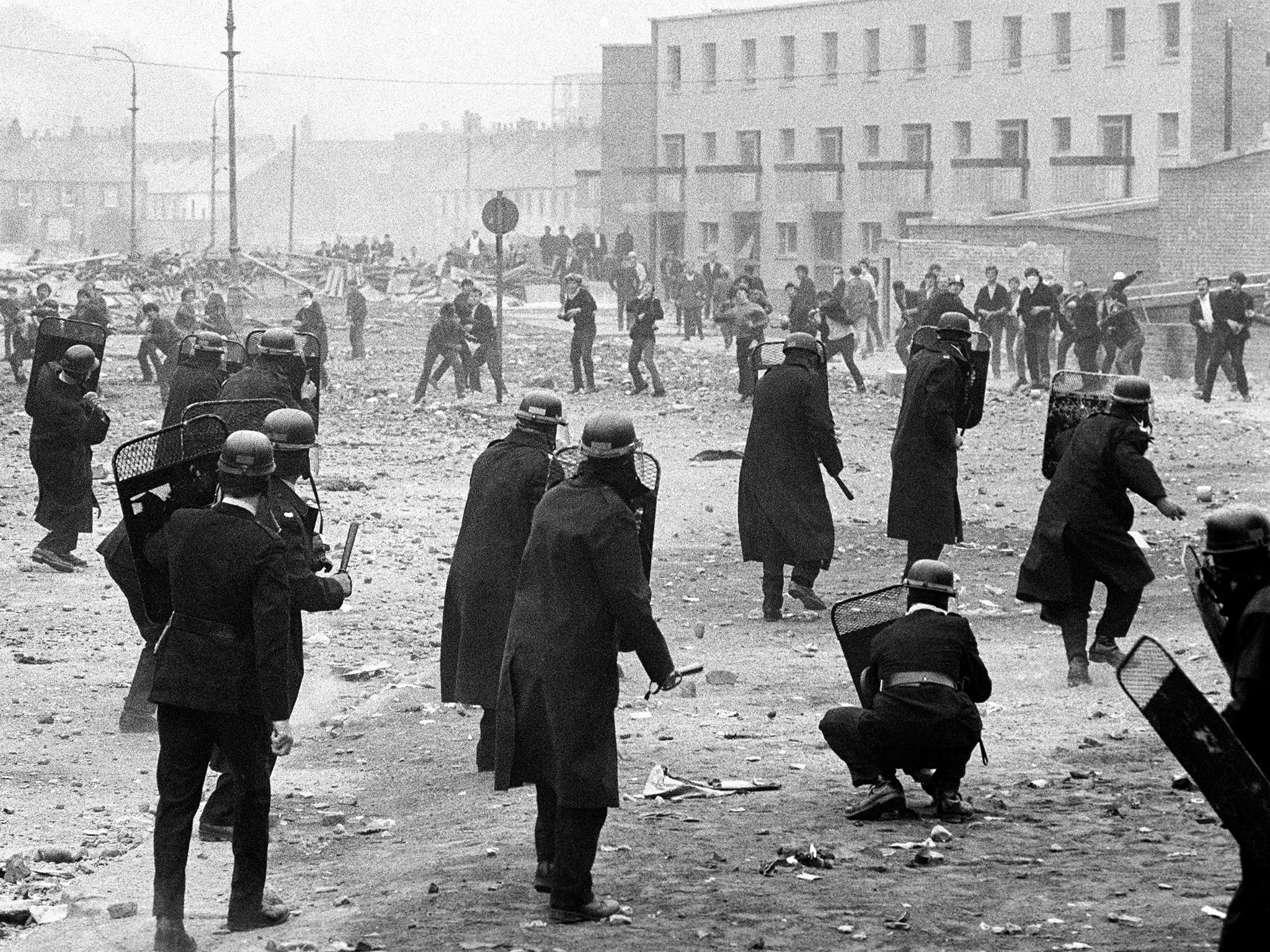 Police and rioters face off in the Battle of the Bogside in Derry, August 1969