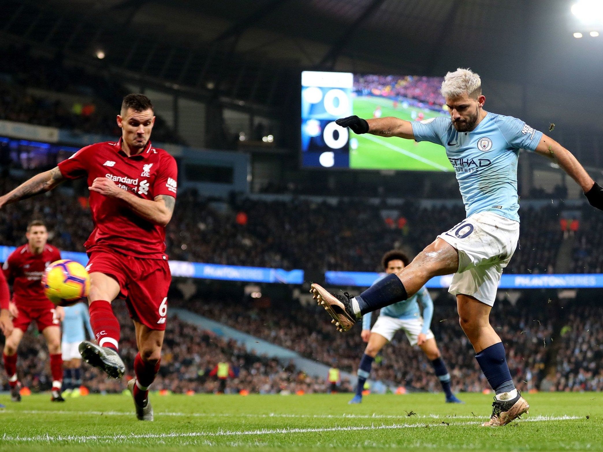 Sergio Aguero fires the ball into the roof of the net