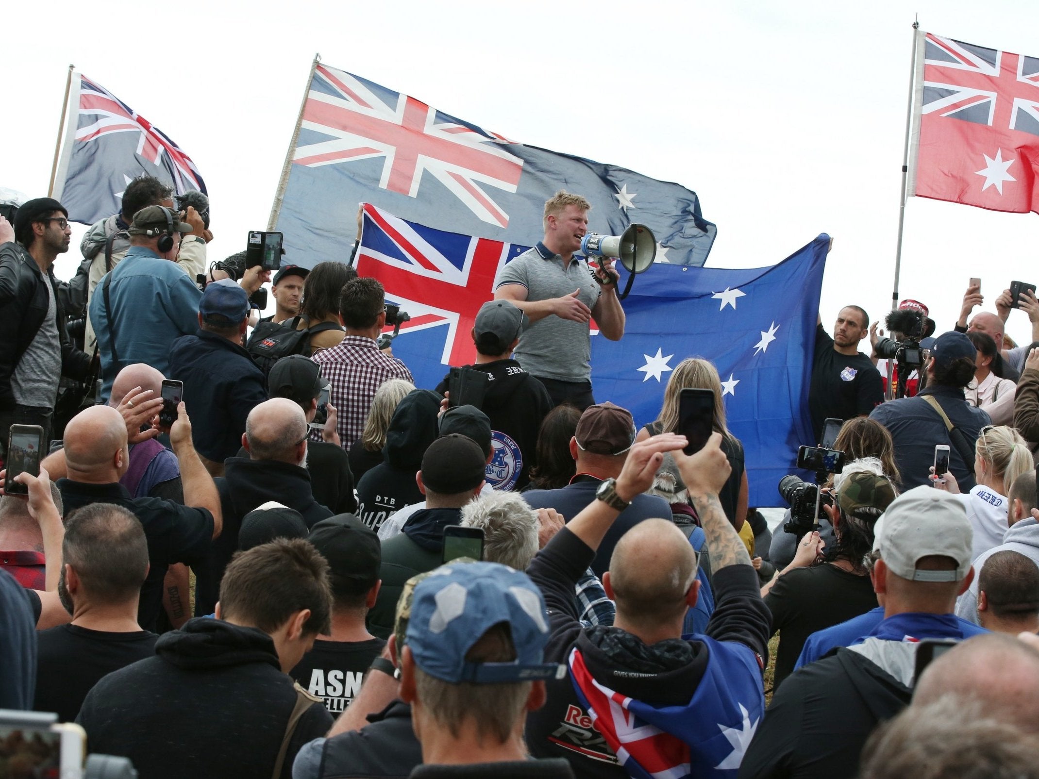 Right-wing activist Blair Cottrell is seen talking to supporters on St Kilda foreshore in Melbourne, Victoria, Australia, 5 January 2019