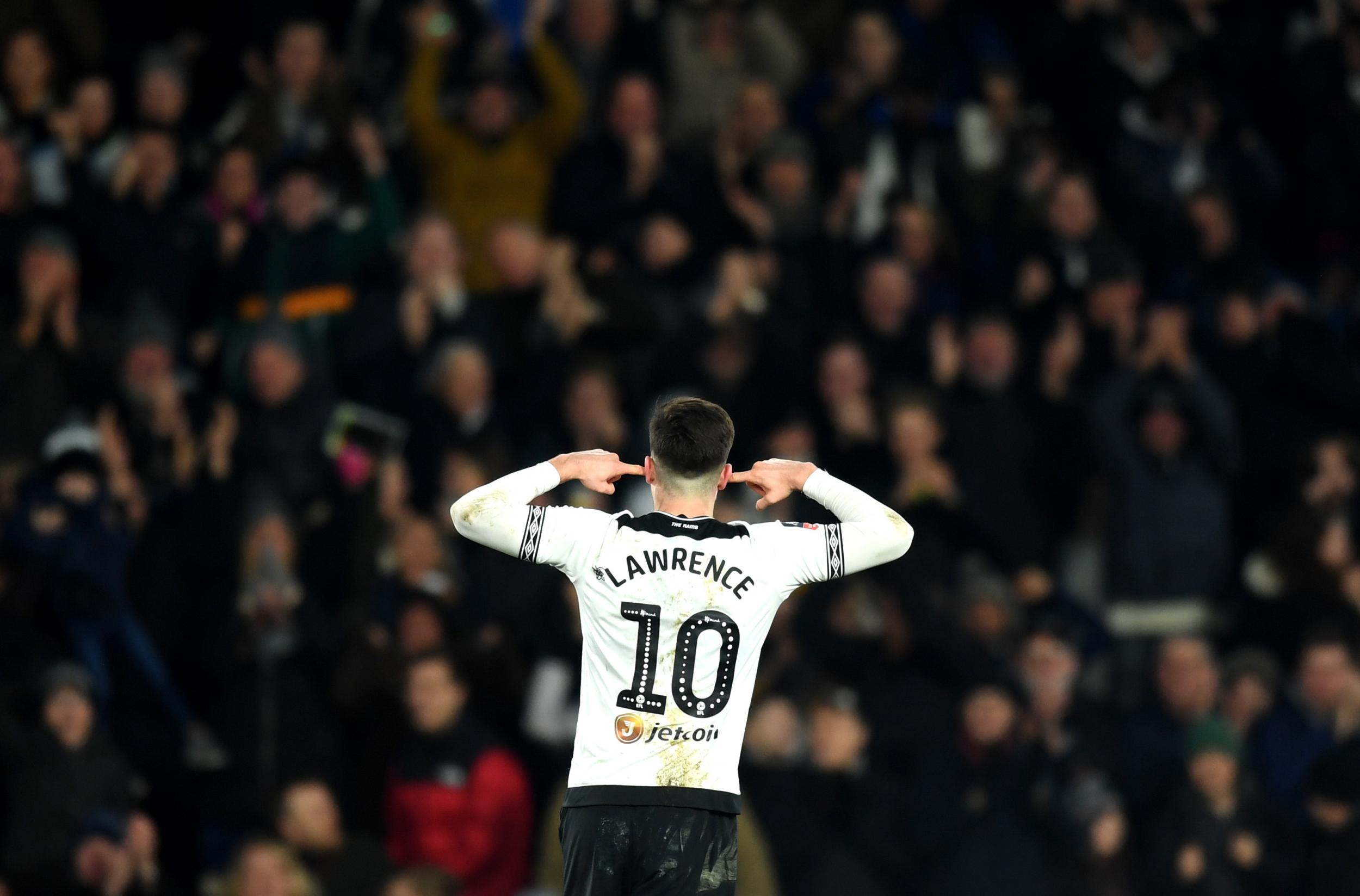 Tom Lawrence celebrates after equalising for Derby