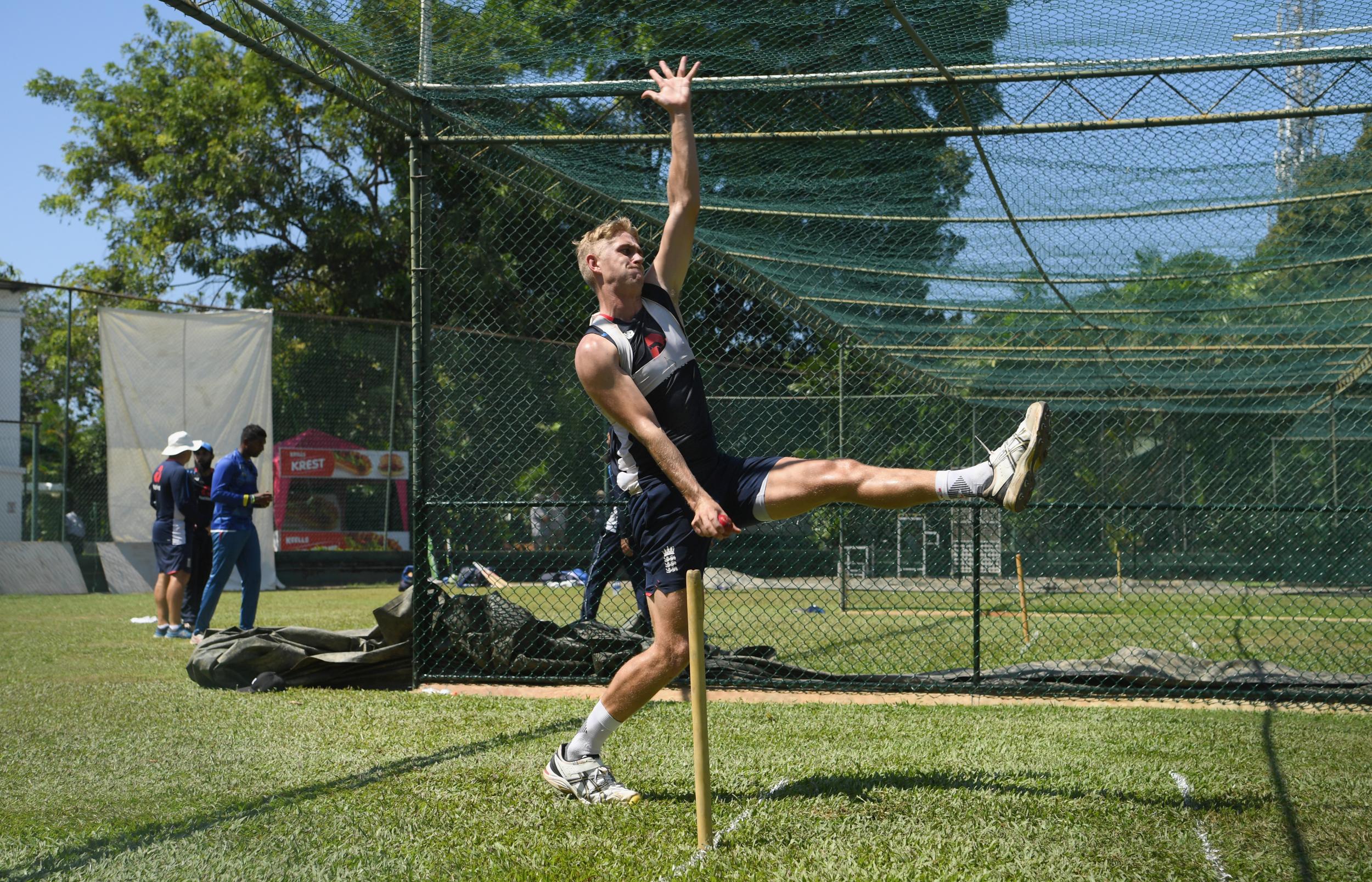 England bowler Olly Stone in action during England nets in Sri Lanka