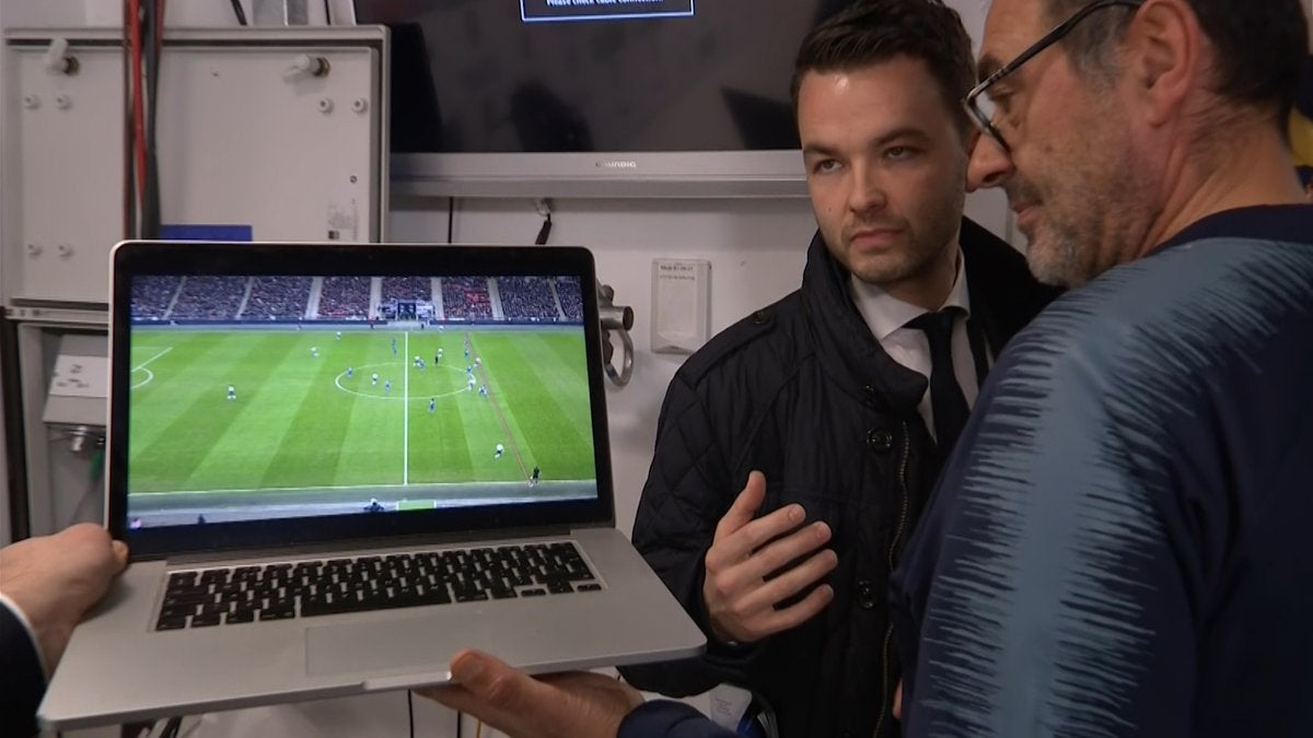 Sarri showed reporters the Chelsea footage that suggested Kane was offside