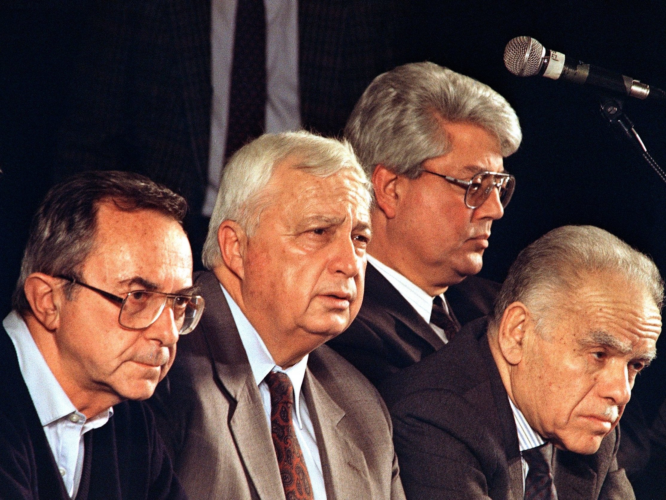 (From left) Arens with fellow Likud politicians Ariel Sharon, David Levy and then-prime minister Yitzhak Shamir in 1992