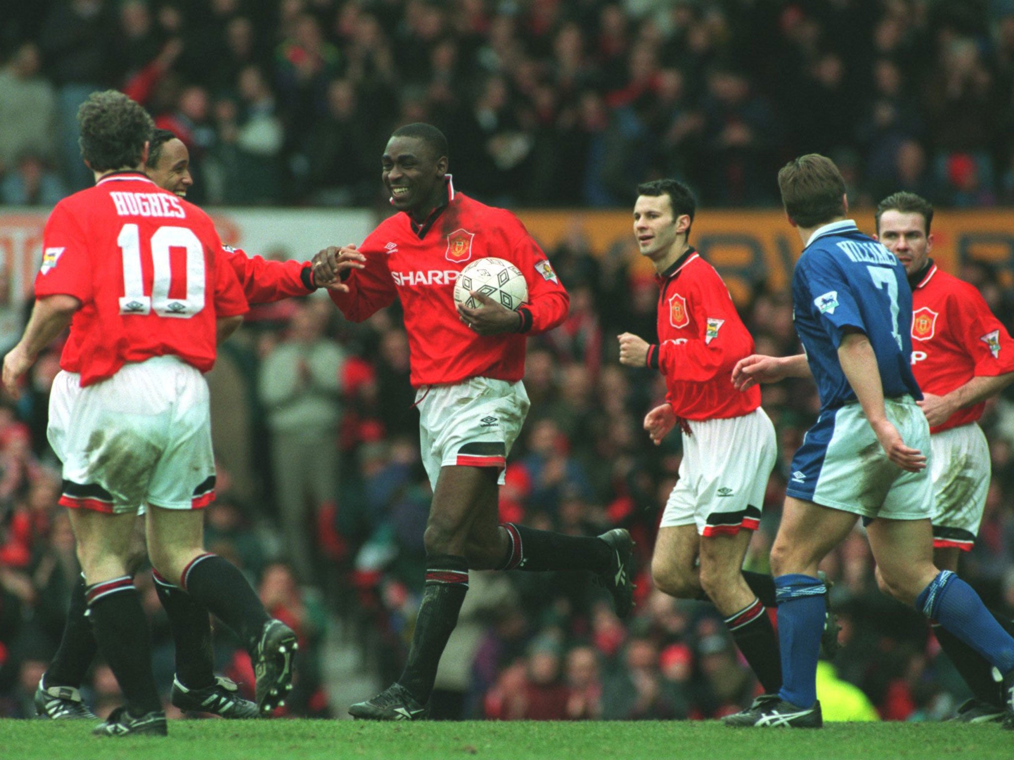 Andy Cole celebrates one of his five goals in Manchester United's 9-0 win over Ipswich