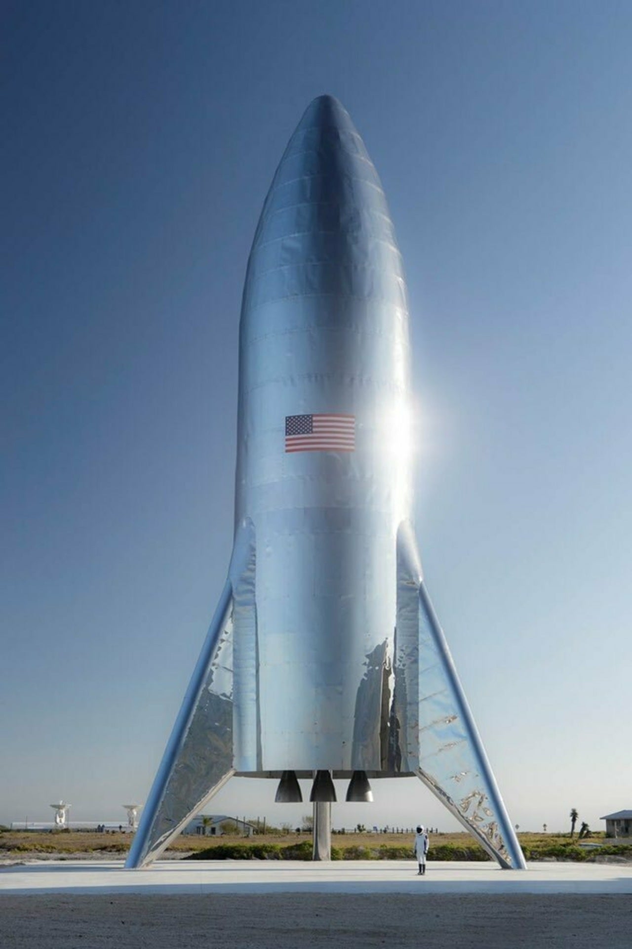 Elon Musk shared a picture of the rocket with the caption: 'Starship test flight rocket just finished assembly at the @SpaceX Texas launch site'