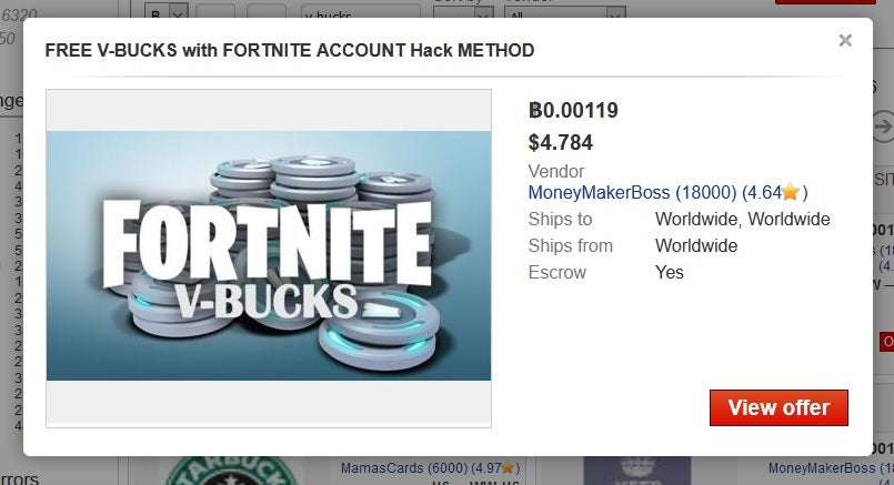 ‘Fortnite’ V-bucks listed on a popular dark web market this month (Screengrab/The Independent)