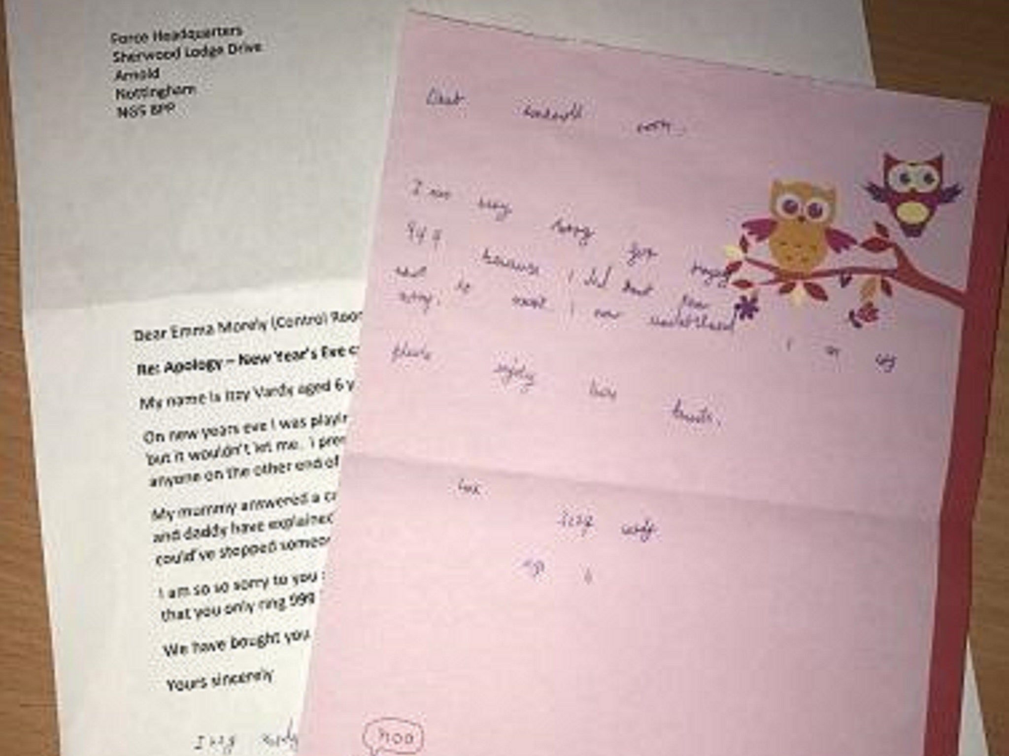 Six-year-old Izzy Vardy, from Annesley, Nottinghamshire, wrote a letter of apology to police after accidentally calling 999 on New Year's Eve.