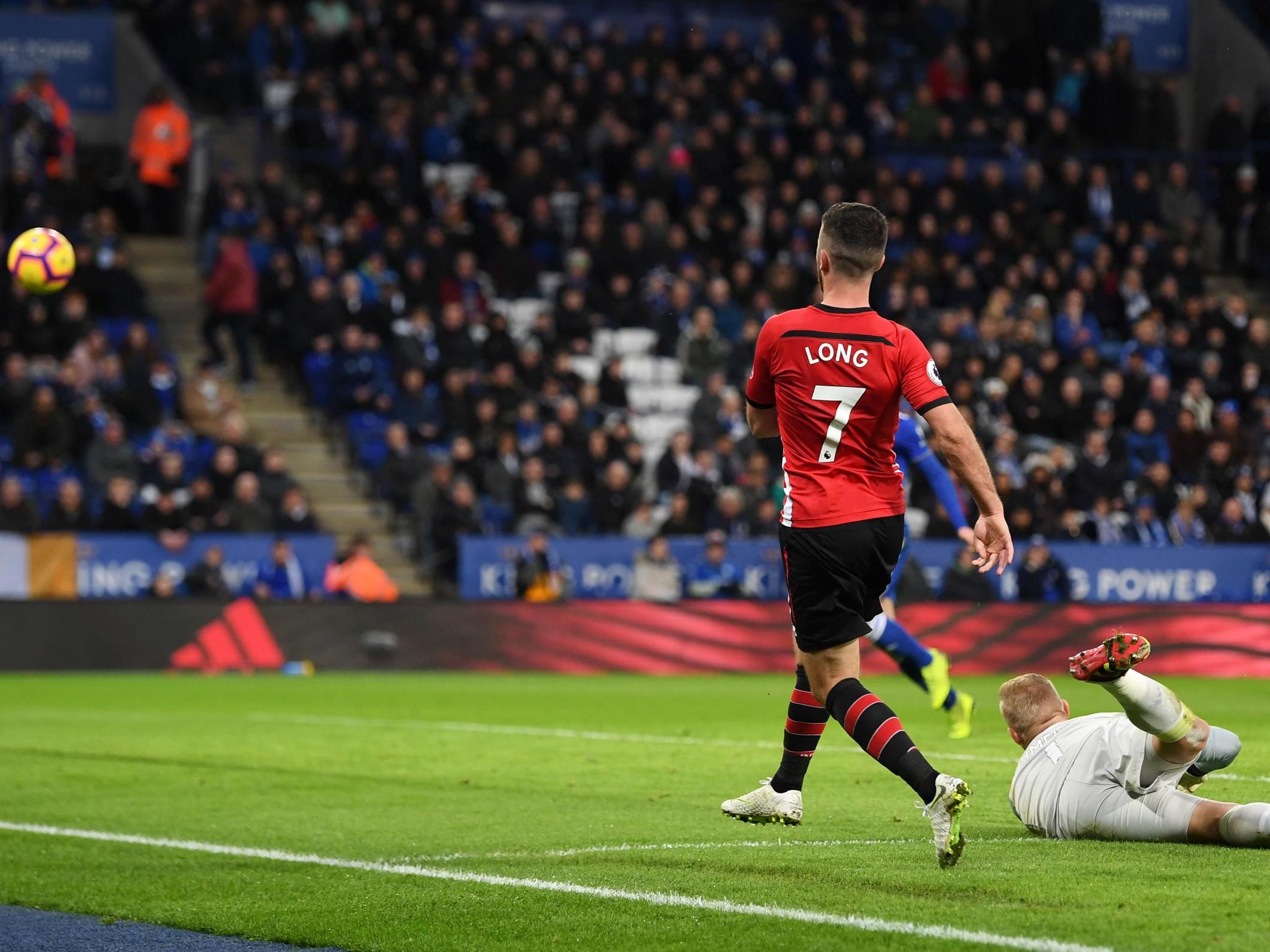 Shane Long beat Kasper Schmeichel from a tight angle to double Southampton’s lead