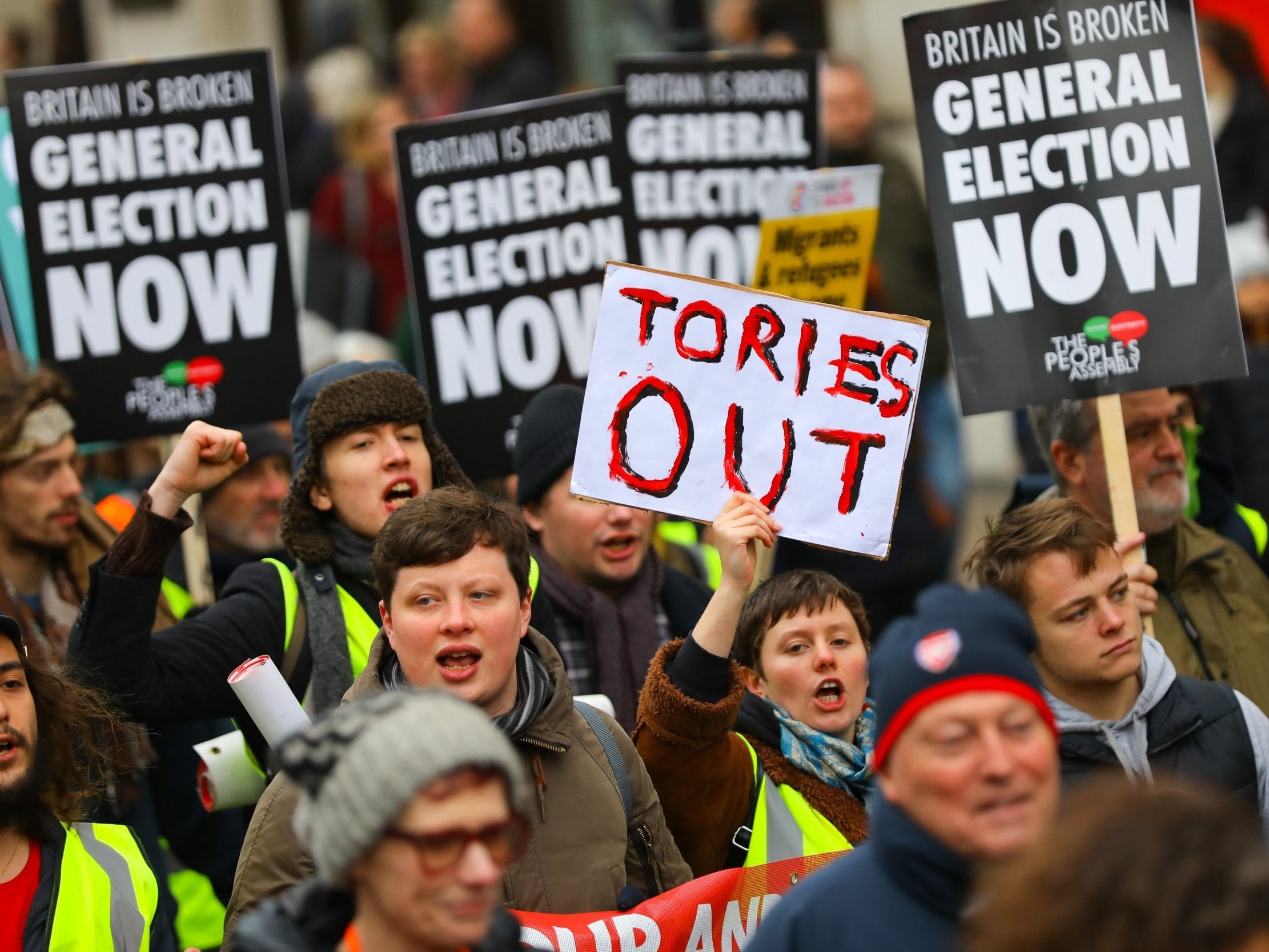 Many demonstrators on the People’s Assembly Against Austerity march wore yellow vests