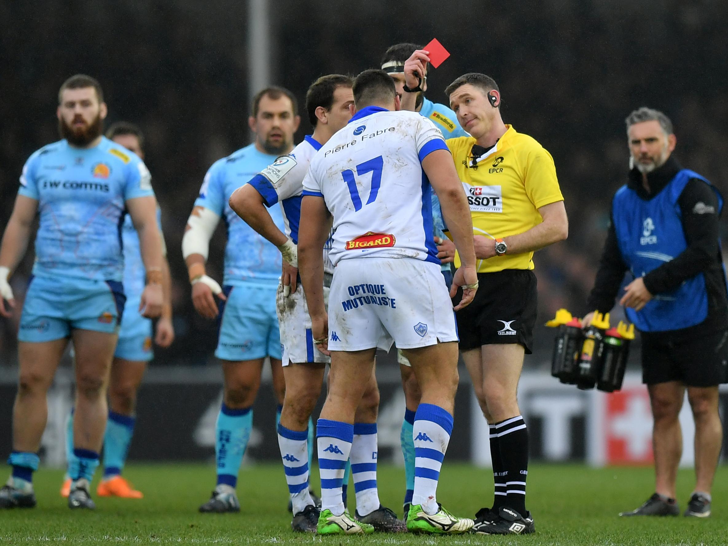 Tudor Stroe is shown red by the referee