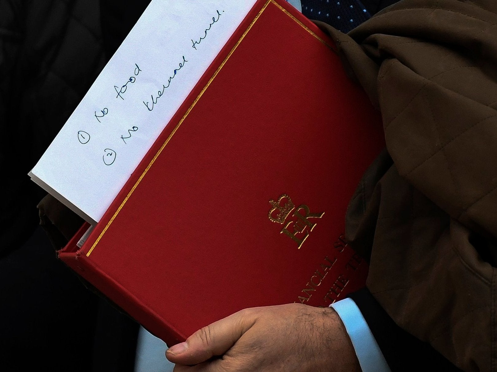 Mel Stride holds his notes which highlight ‘no food’ and ‘no channel tunnel’