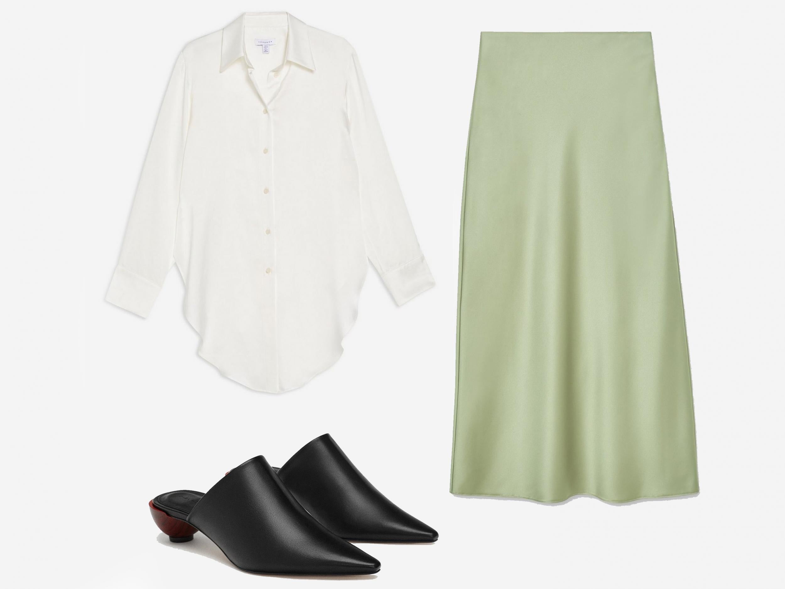 Split Silk Shirt by Boutique, £89, Topshop; Khaki Satin Slip Skirt, £32, Miss Selfridge; Leather Rounded-Heel Mules, £29.99, Zara