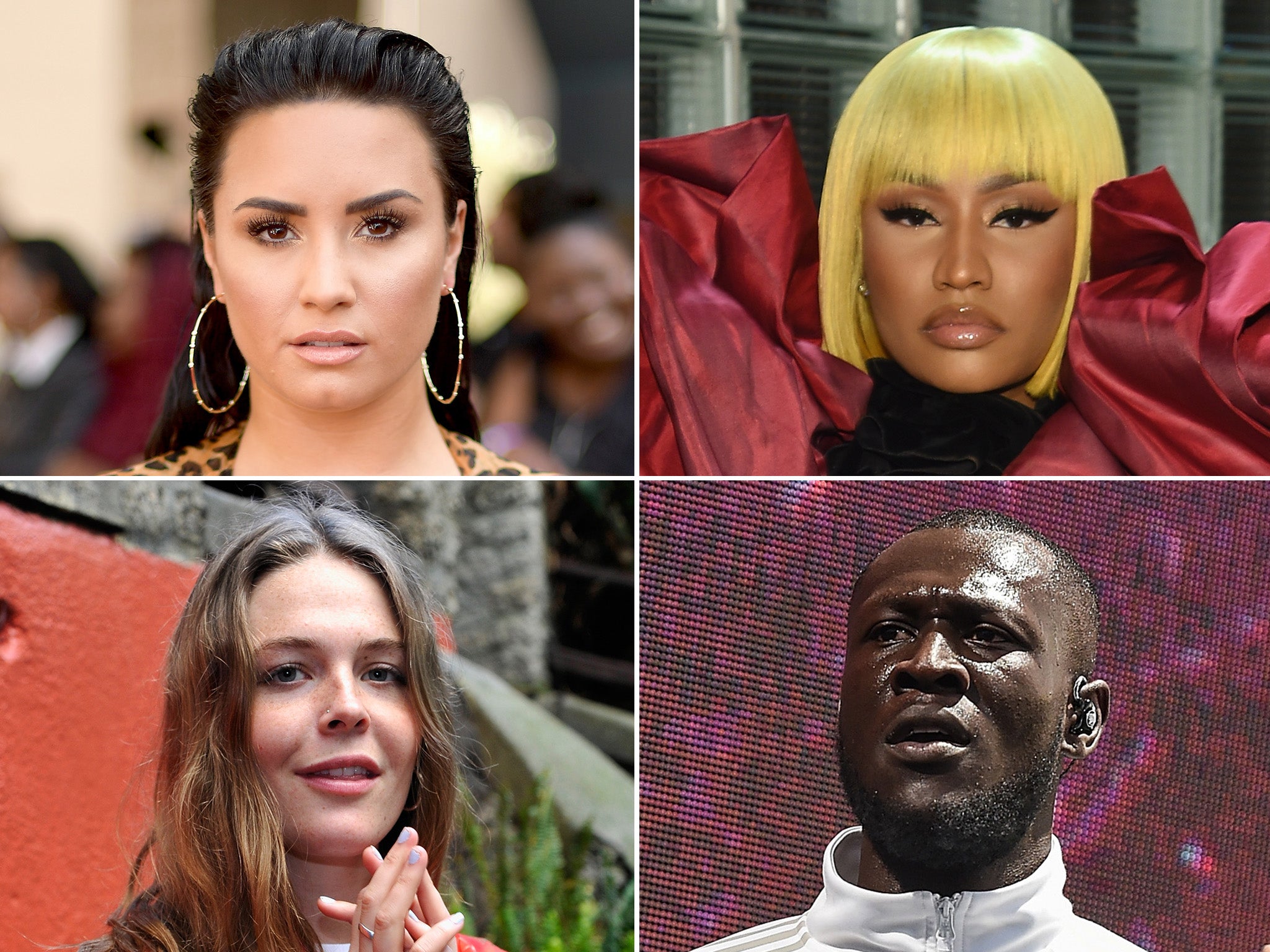 Clockwise from top left: Demi Lovato, Nicki Minaj, Stormzy and Maggie Rogers have all been open about mental health issues