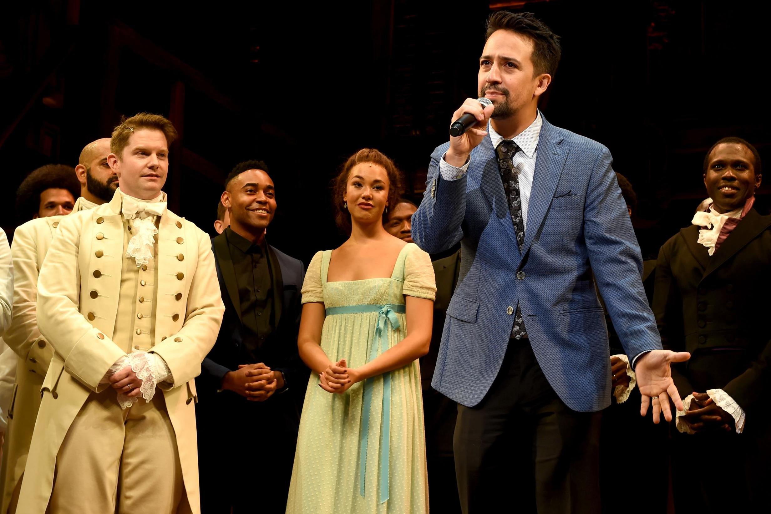 Lin-Manuel Miranda and the cast appear onstage at the opening night curtain call for Hamilton at the Pantages Theatre on 16 August, 2017 in Los Angeles, California. (Photo by Kevin Winter/Getty Images)