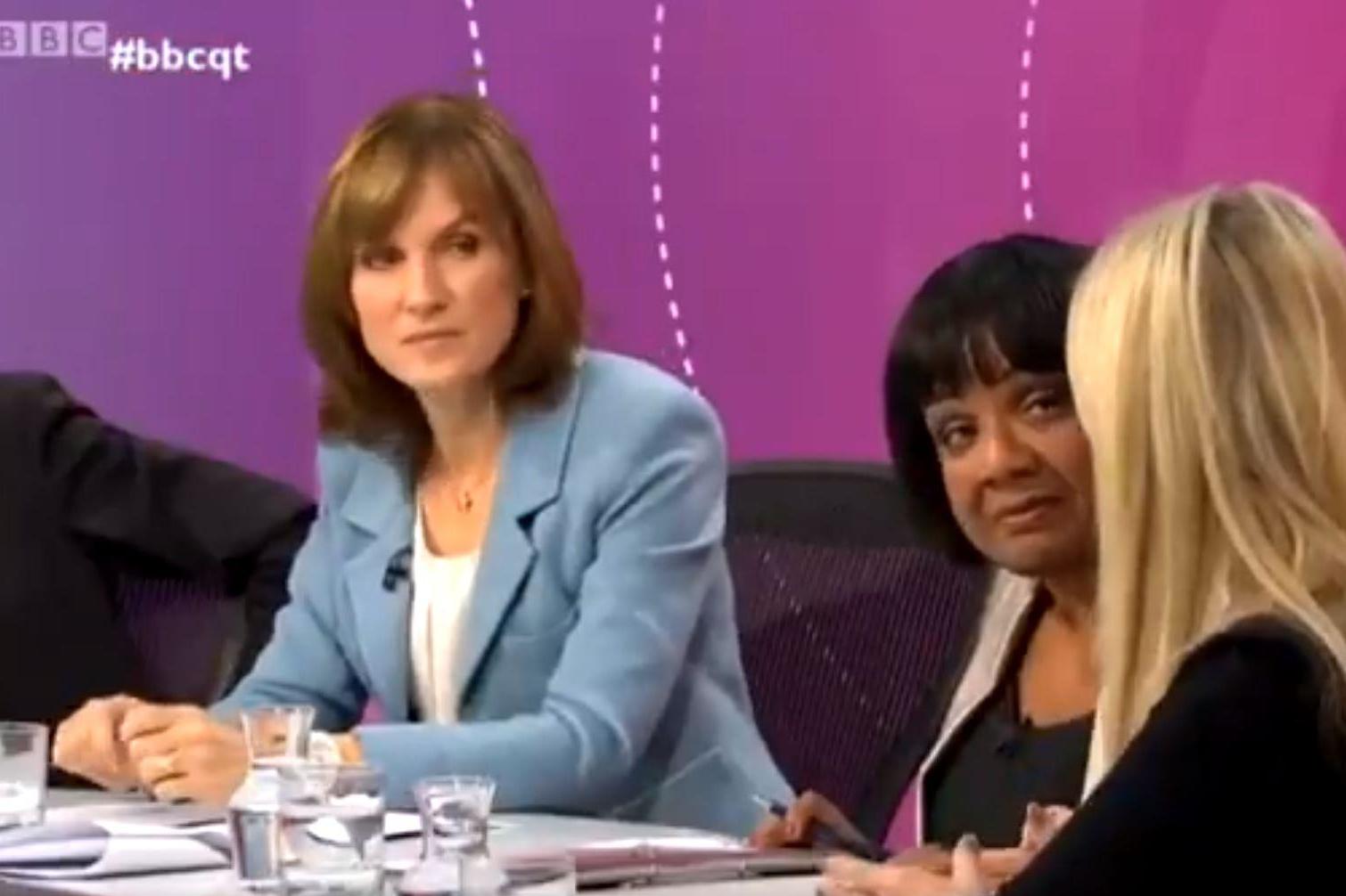 Abbott between ‘Question Time’ host Fiona Bruce and panellist Isabel Oakeshott