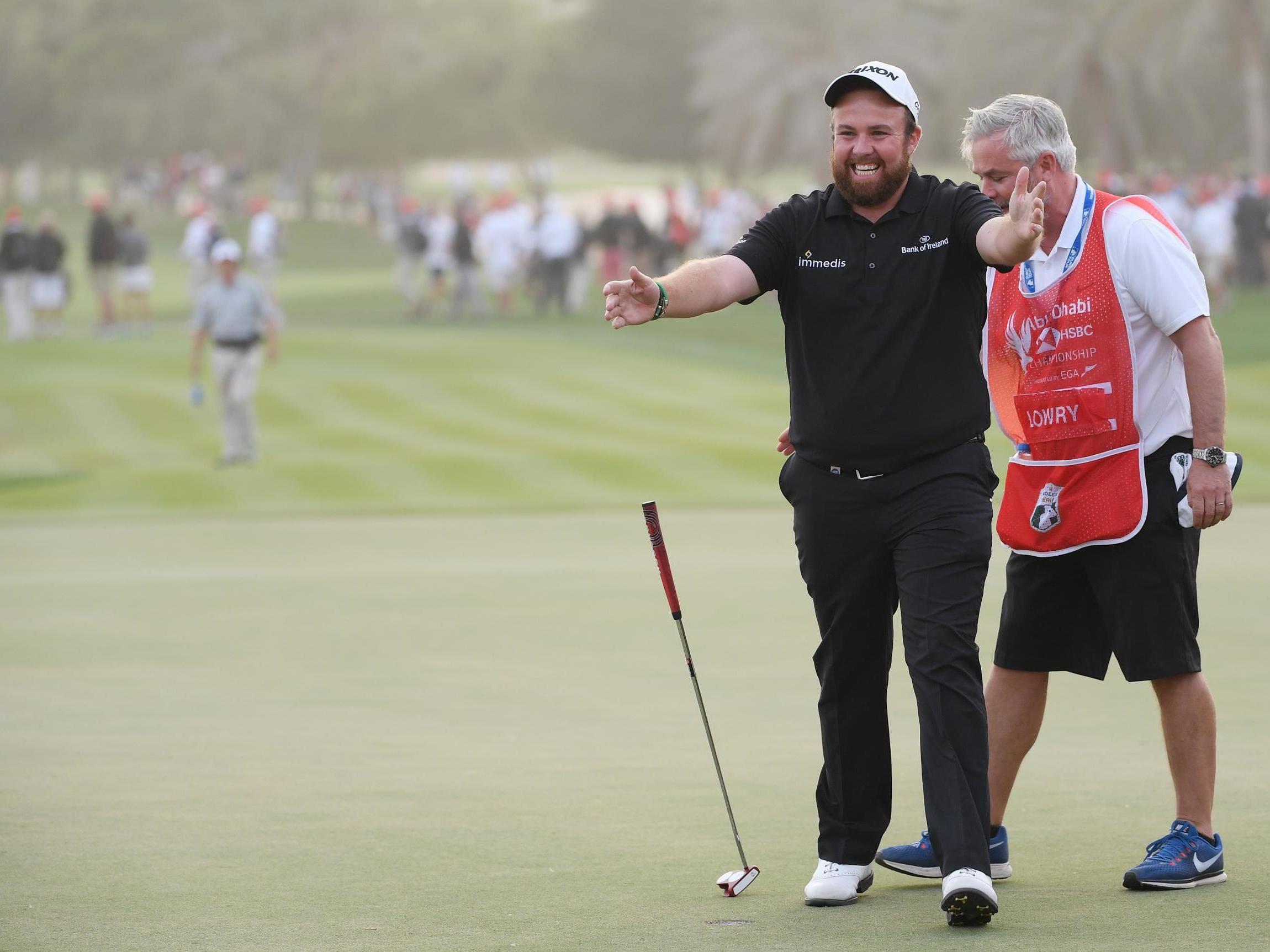 Shane Lowry celebrates winning in Abu Dhabi