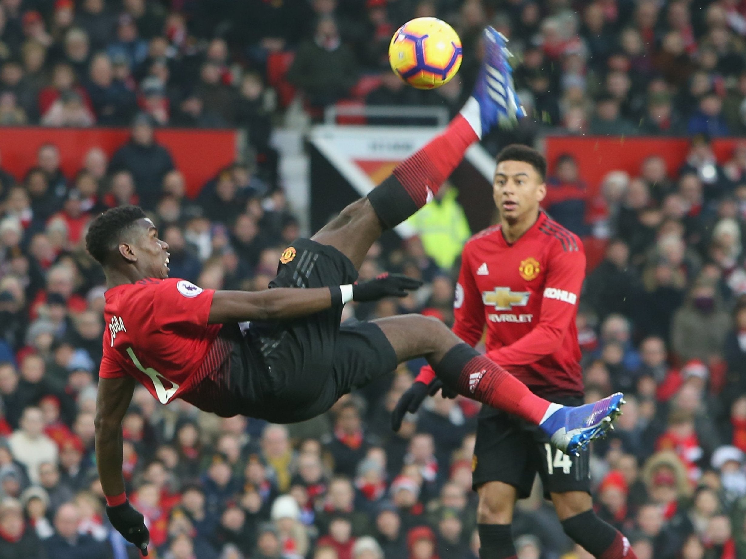 Pogba attempts a bicycle kick during United's win against Brighton