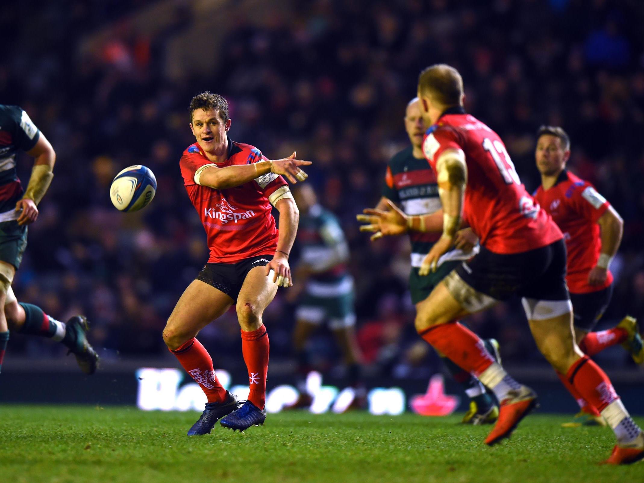 Billy Burns passes during Ulster’s match vs Leicester (Getty )