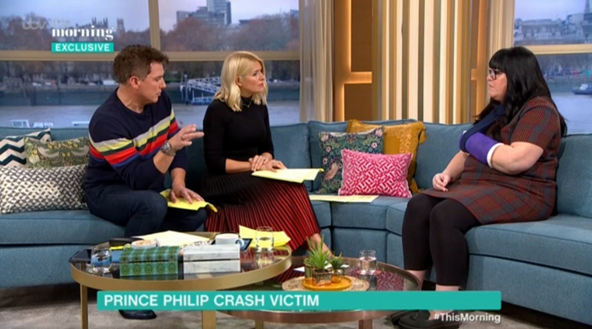 Emma Fairweather, whose wrist was broken in a car crash involving Prince Philip in Sandringham, Norfolk, on 17 January, appears on ITV’s This Morning.