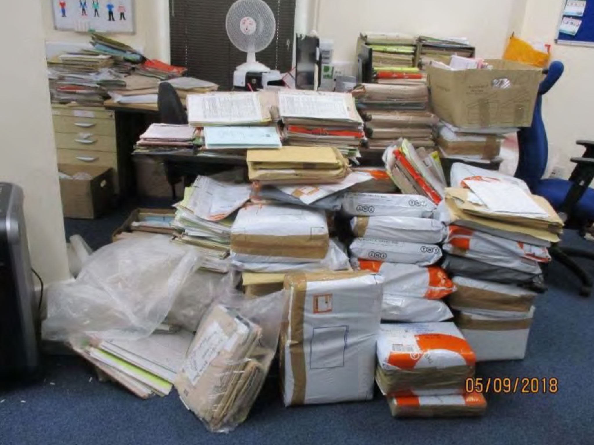 Files waiting to be processed in the offender management unit at HMP Bedford