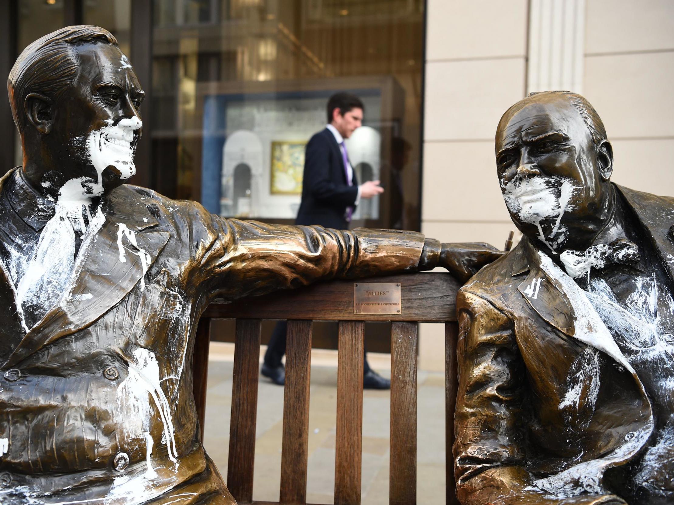 A statue of Franklin Roosevelt and Winston Churchill was defaced amond the statues which were defaced