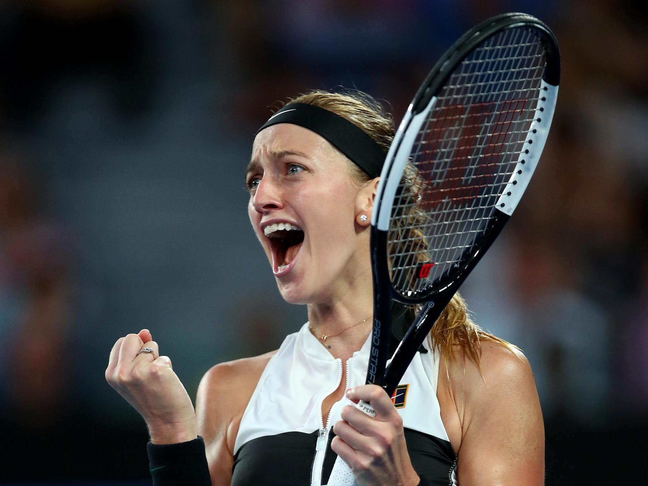 The Czech celebrates after securing her 6-1, 6-4 victory over Australia's Barty