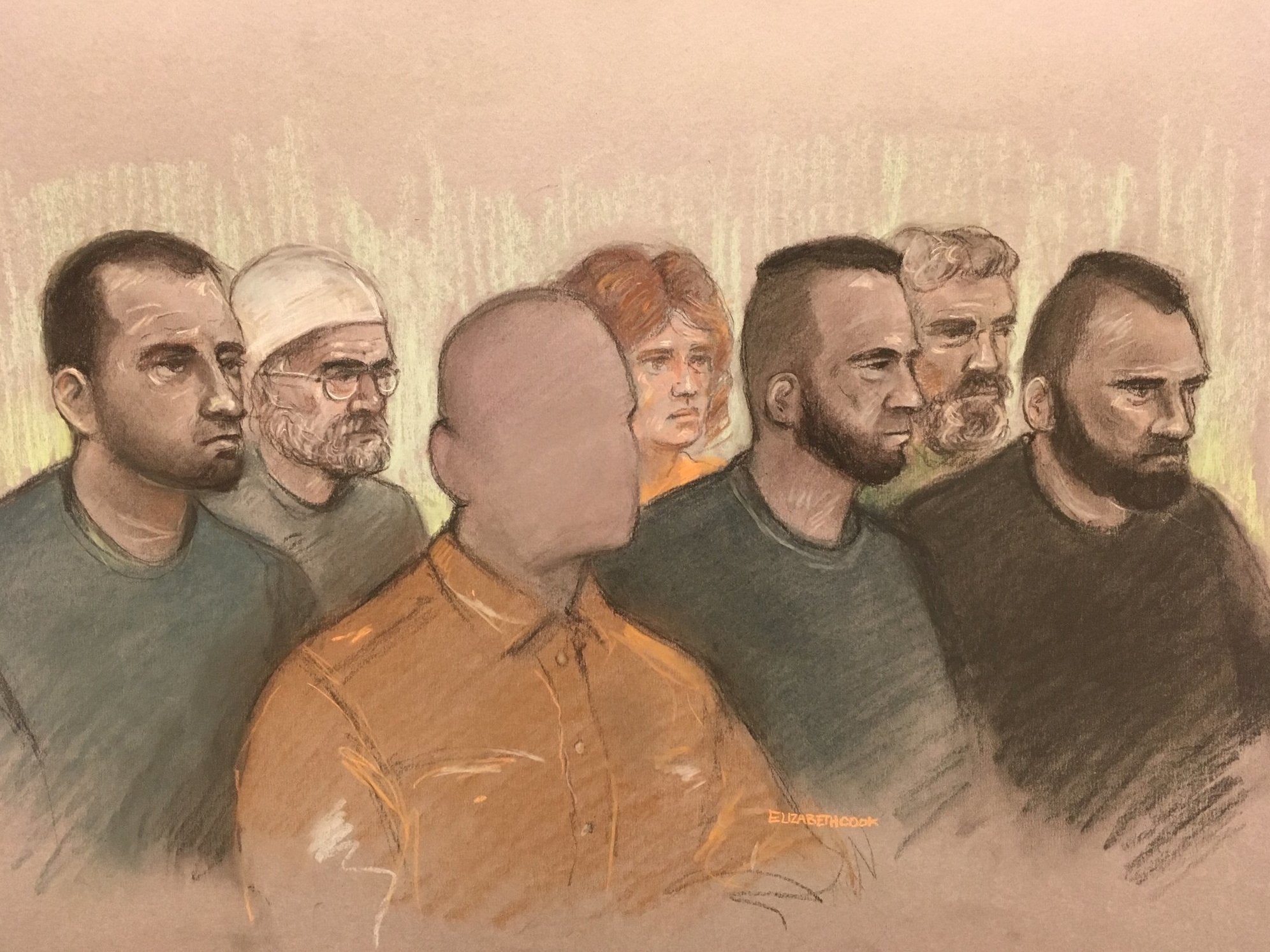 Court artist sketch by Elizabeth Cook of (left to right) Norbert Pulko, Saied Hussini, father of three year boy (cannot be identified), Martina Badiova, Adam Cech, Jabar Paktia and Jan Dudi