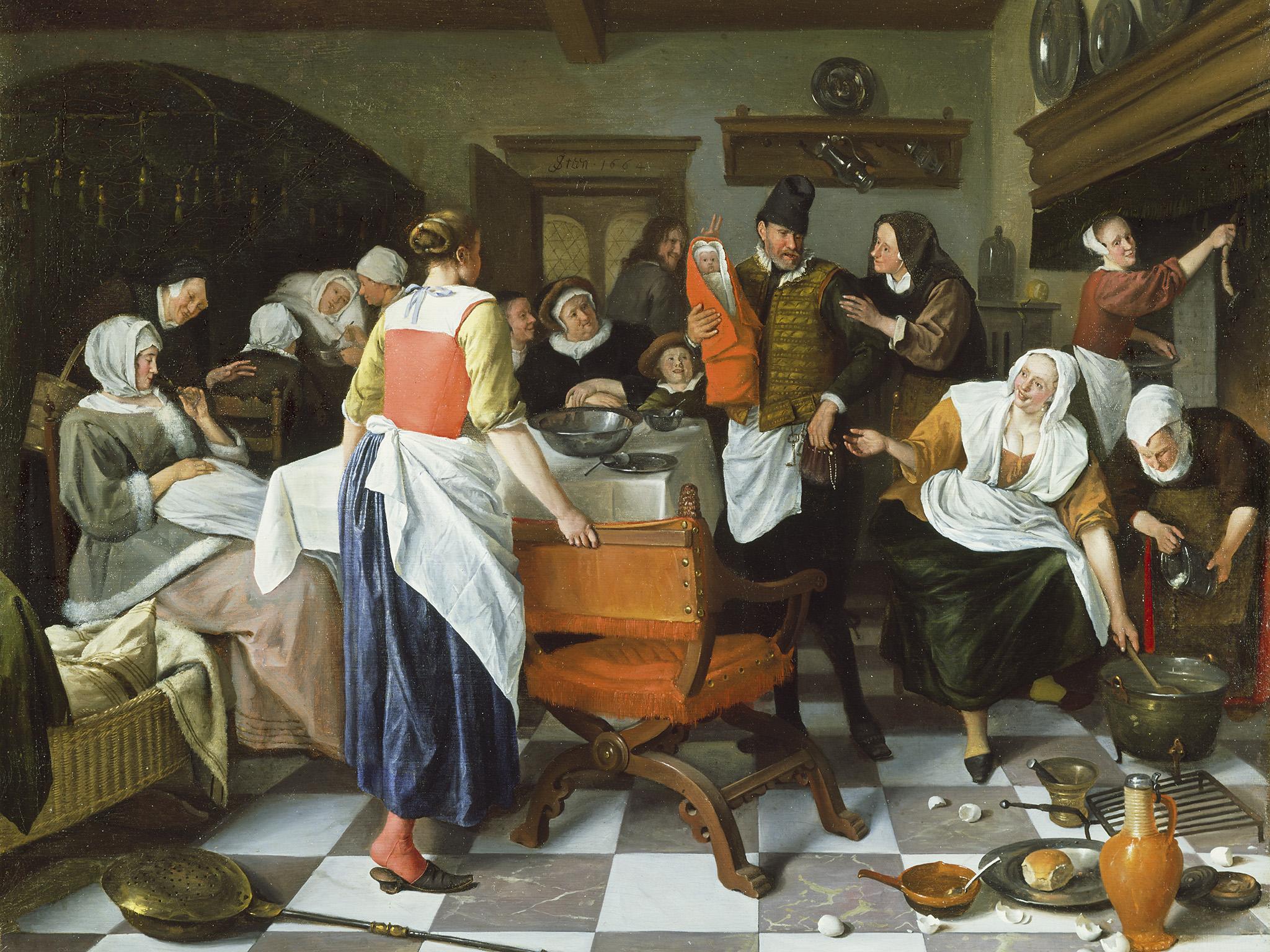 ‘Celebrating the Birth’, by Jan Steen (originally dated from 1664), is part of the Wallace Collection