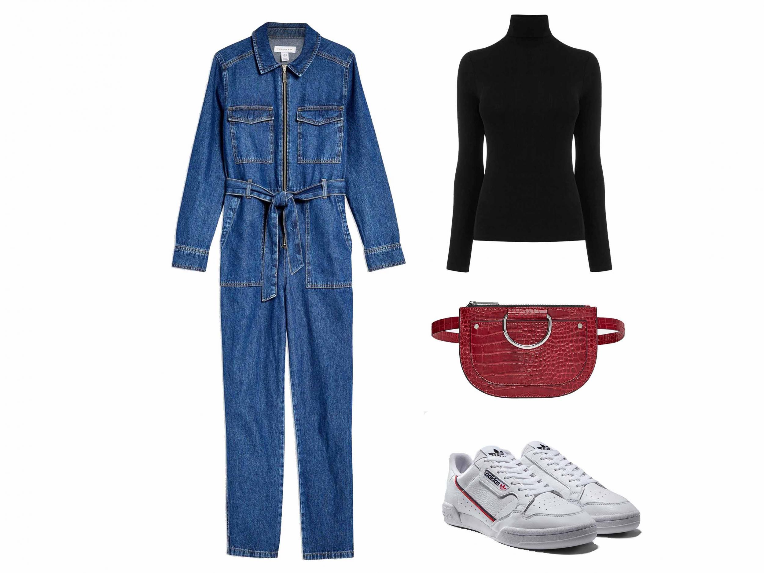 Denim Utility Boilersuit, £59, Topshop; Slinky Roll Neck Top, £15, Warehouse; Continental 80 Shoes, £74.95, Adidas; Belt Bag with Ring Detail, £19.99, Zara