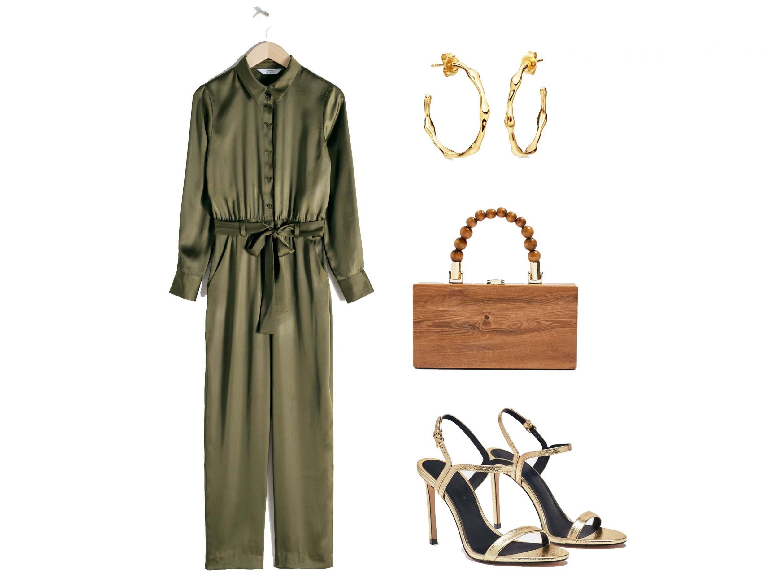 Belted Satin Boilersuit, £79, &amp; Other Stories; Fine Strappy Sandals, £29.99, Zara; Gina Ball Boxy Bag, £32, Topshop; Gold Medium Molten Hoops, £115, Missoma