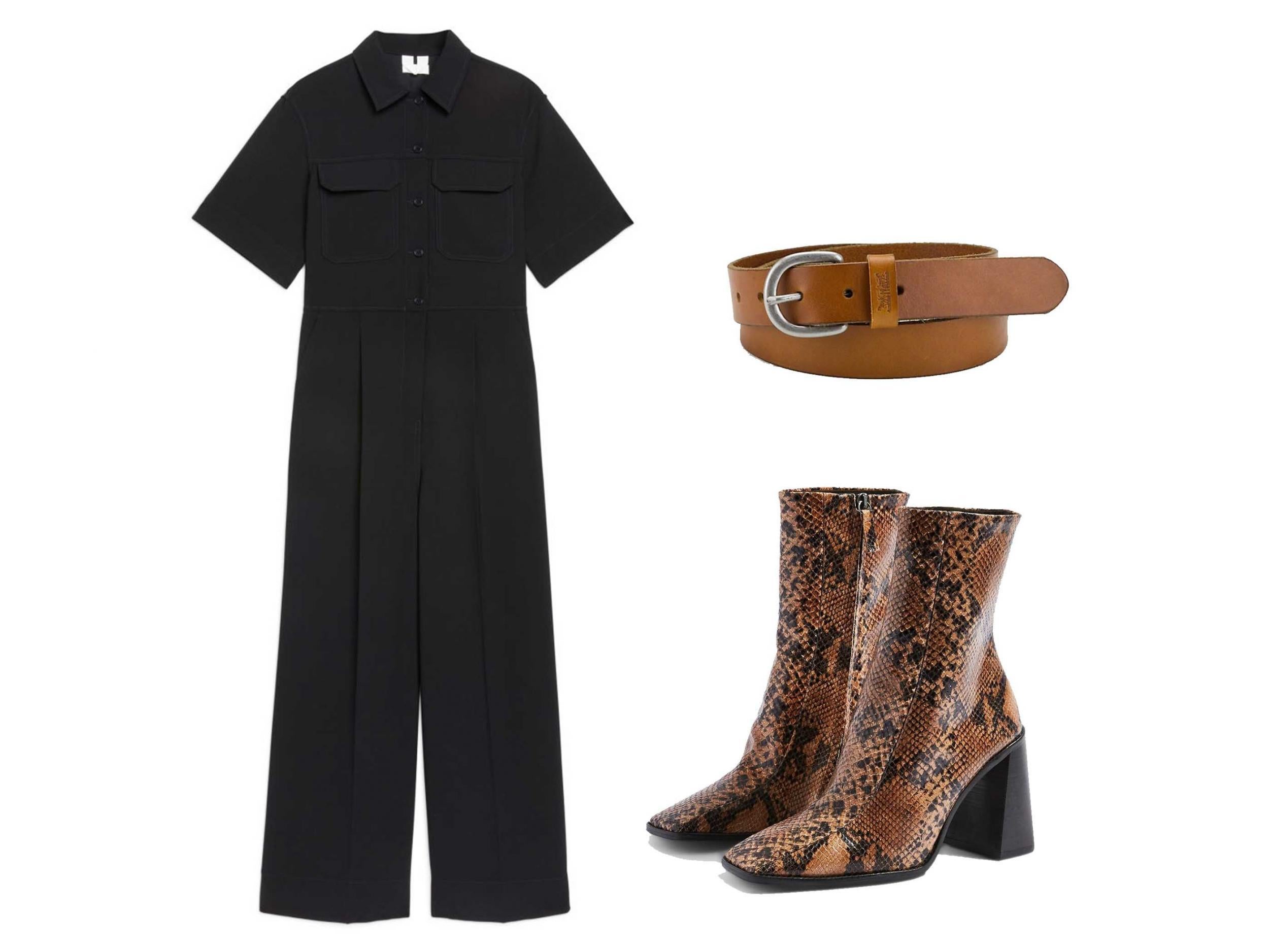 Polyester Crepe Boilersuit, £68, Arket; Hurricane High Ankle Boots, £89, Topshop; Icon Belt, £45, Levi’s