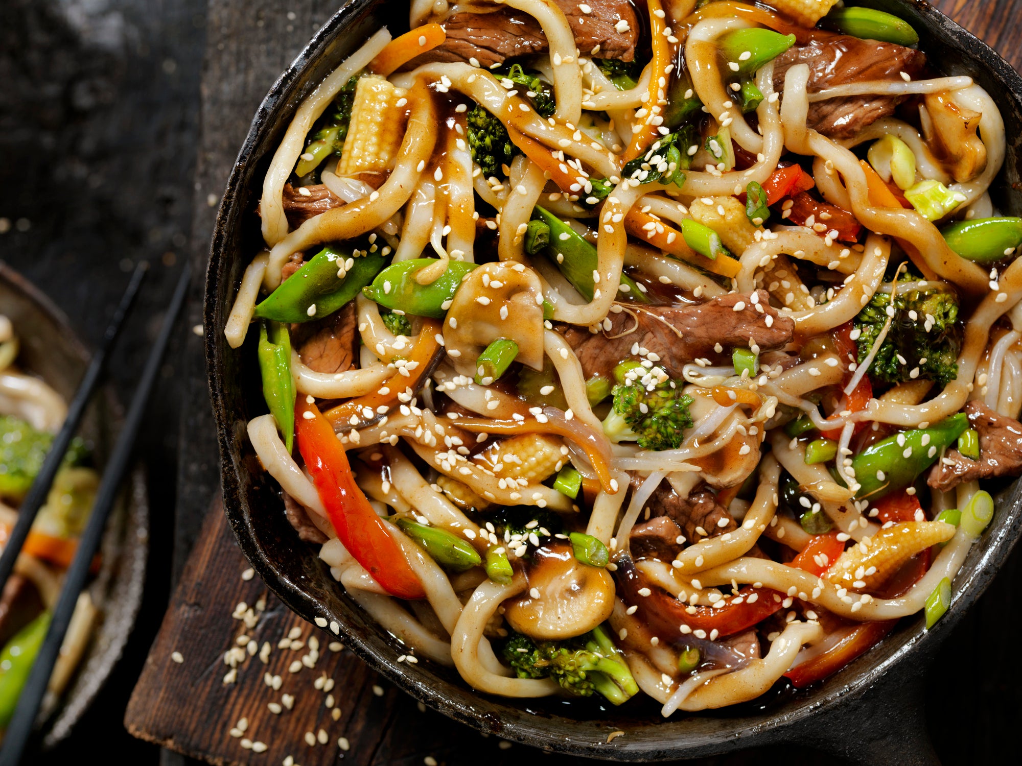 Beef and Broccoli With Udon Noodles Stir Fry in a Cast Iron Skillet