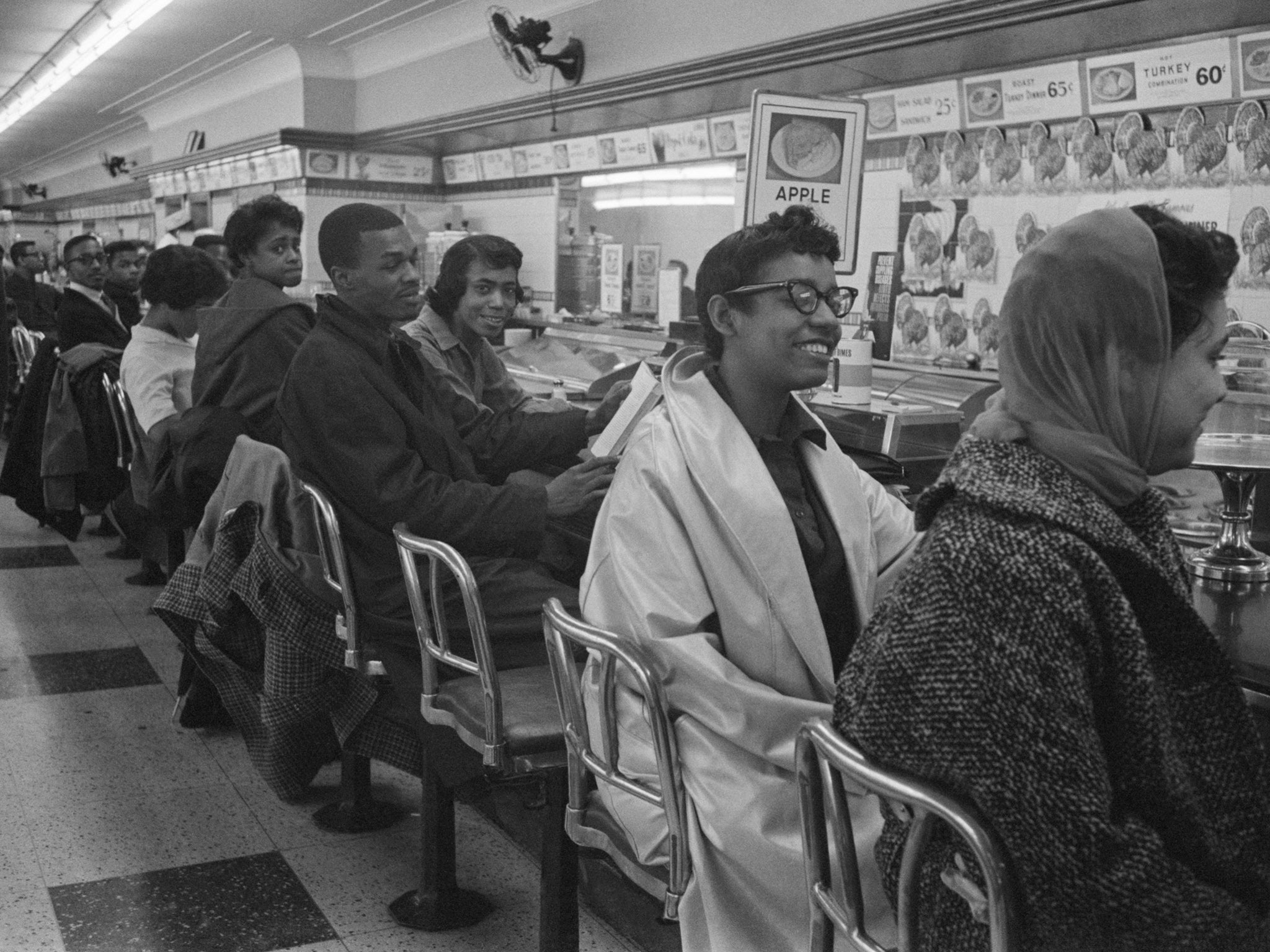 African American students stage a sit-in in a restaurant in Greensboro, North Carolina, to protest segregation on 1 February 1960